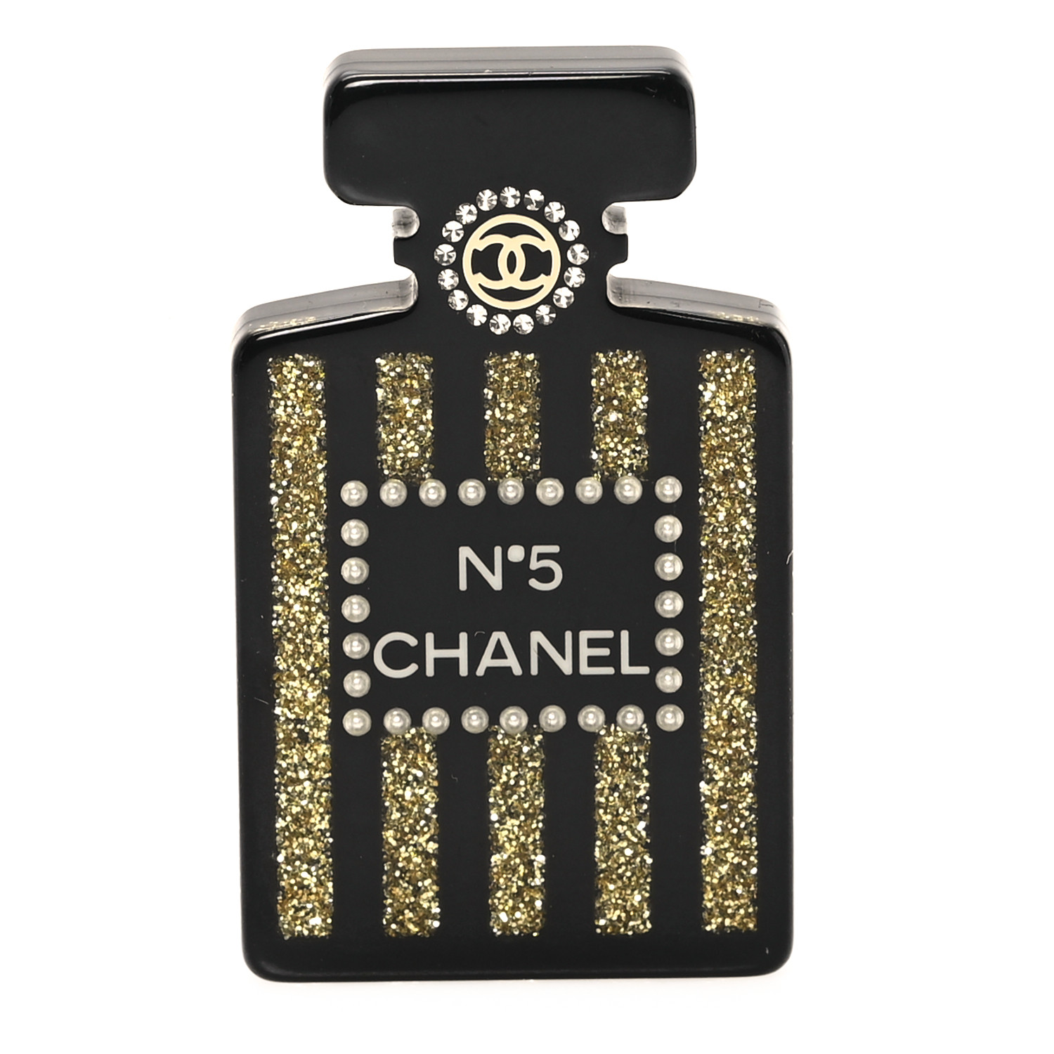 CHANEL Resin Strass Perfume Bottle CC Brooch Black Gold