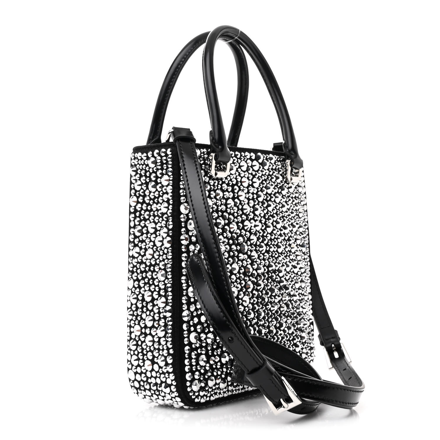 PRADA Satin Crystal Metal Triangle Logo Small Double Handle