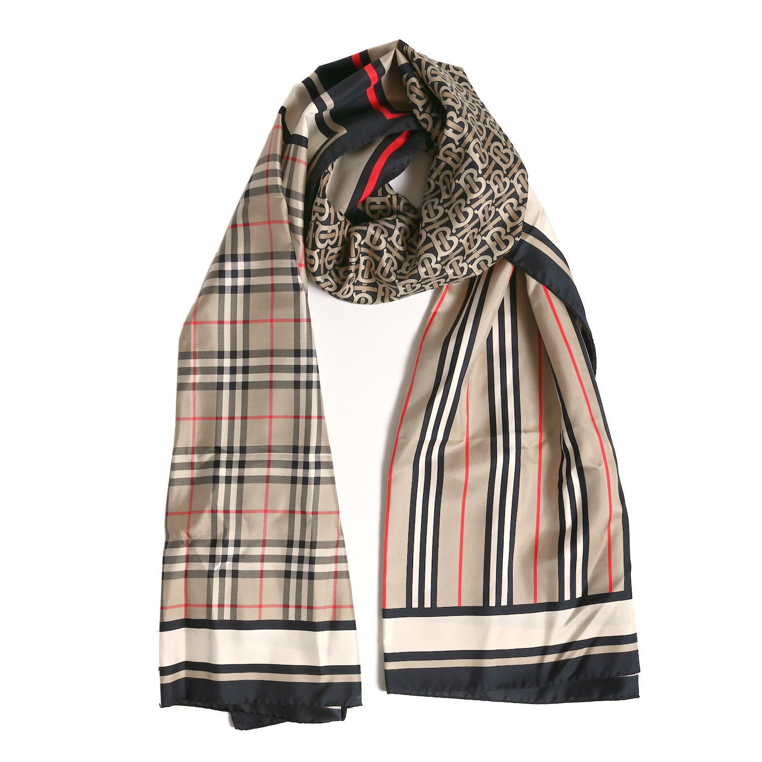 BURBERRY｜SCARVES (Monogram, Icon Stripe and Check Print Burberry Monogram, Icon Stripe and Check Print Silk Scarf