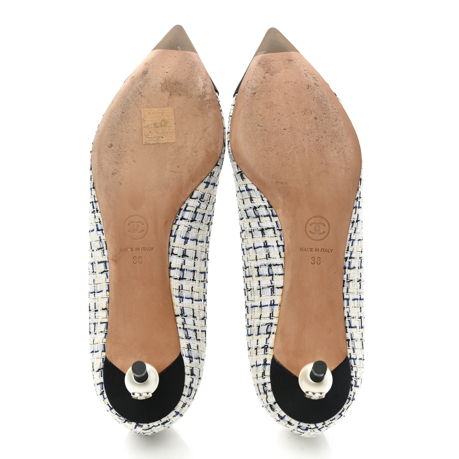 CHANEL Tweed Pearl Cap Toe Pumps 38 White Black Blue 1057664