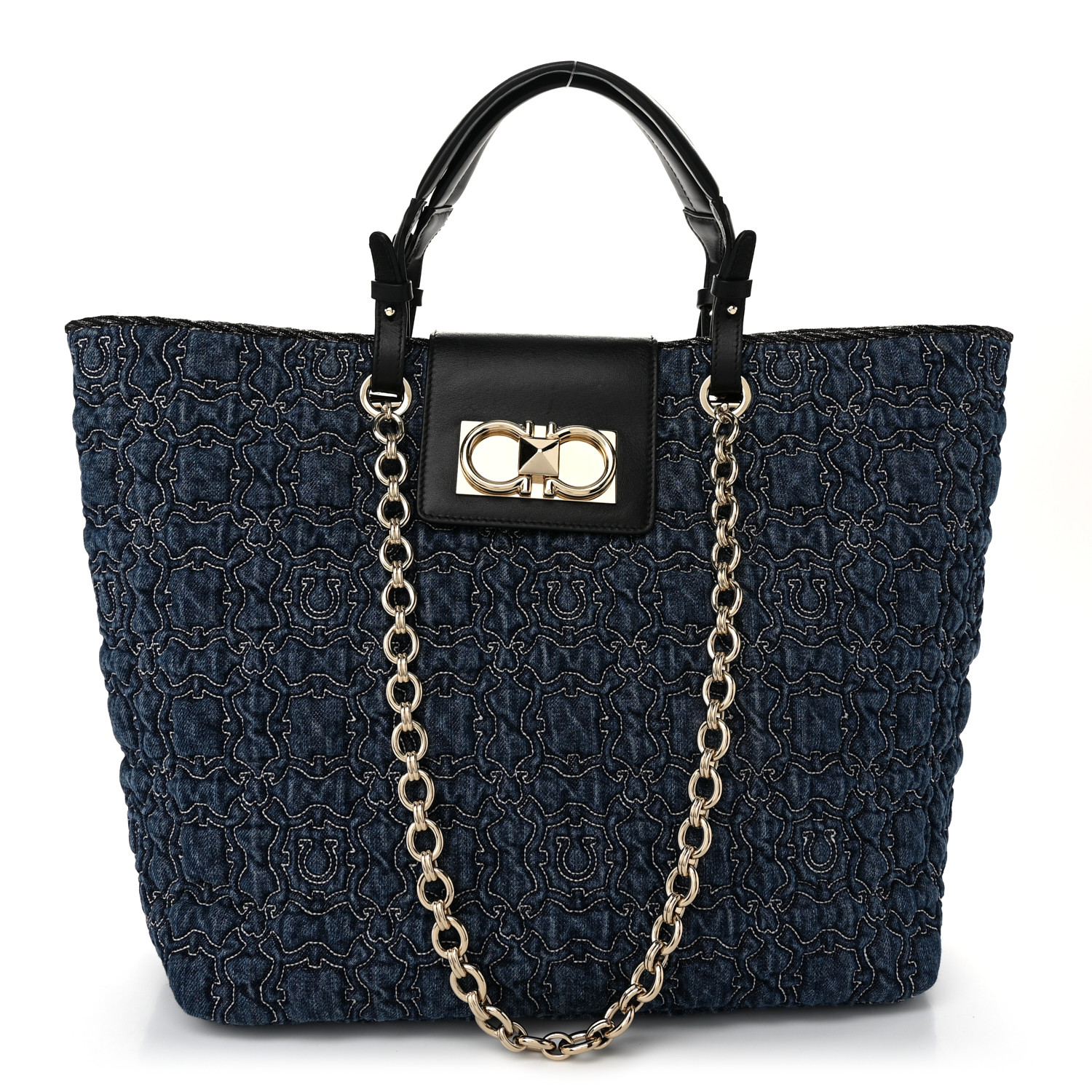 SALVATORE FERRAGAMO Denim Quilted Gancini Tote Blue 1591911