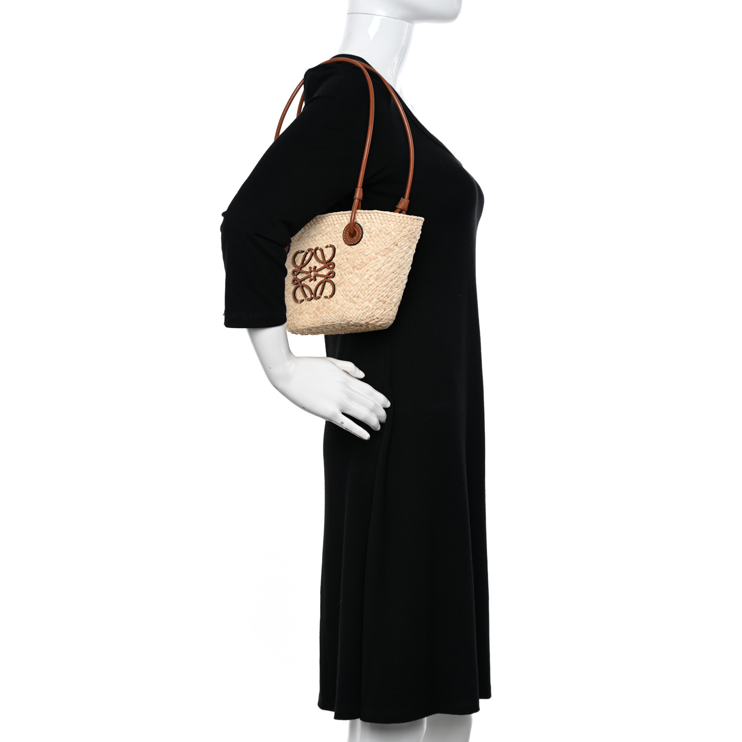 LOEWE Iraca Palm Calfskin Small Anagram Basket Bag Natural