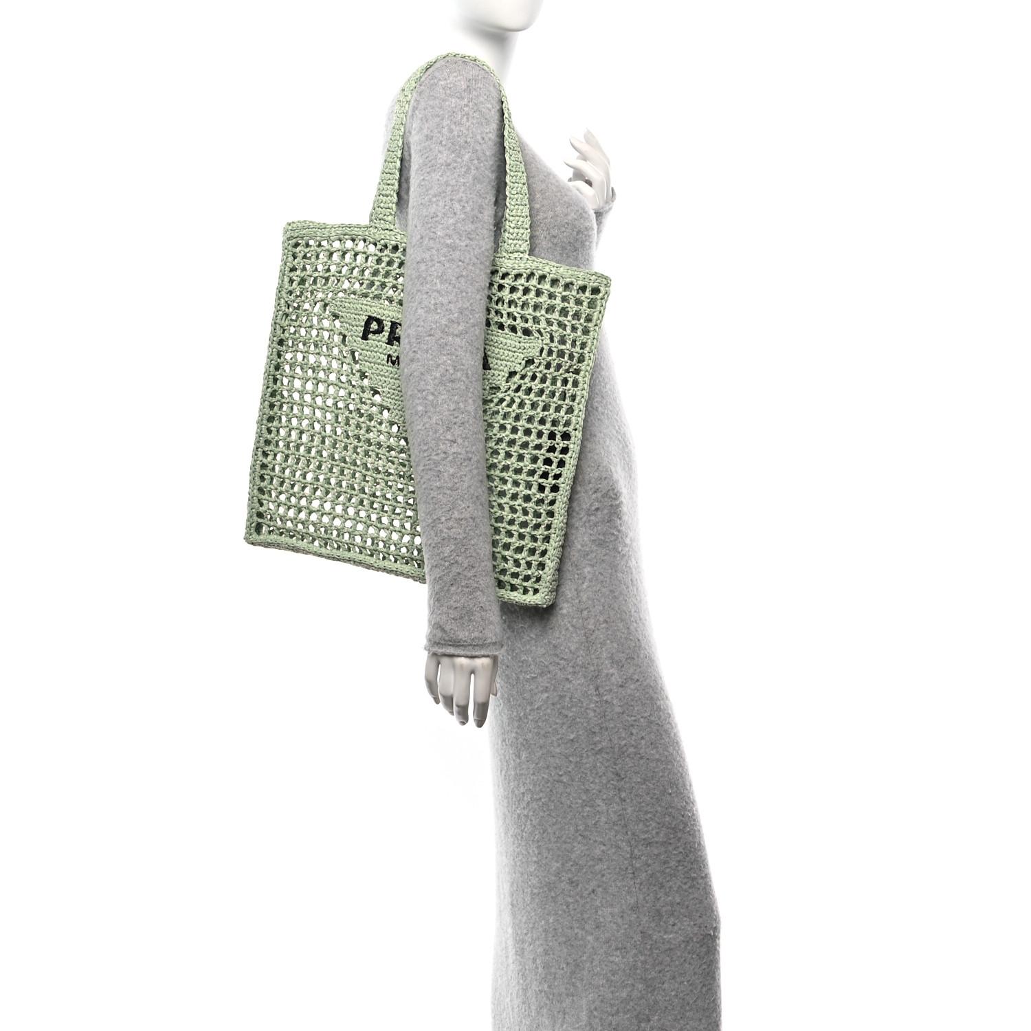 PRADA Yarn Raffia Effect Crochet Logo Embroidered Tote Bag