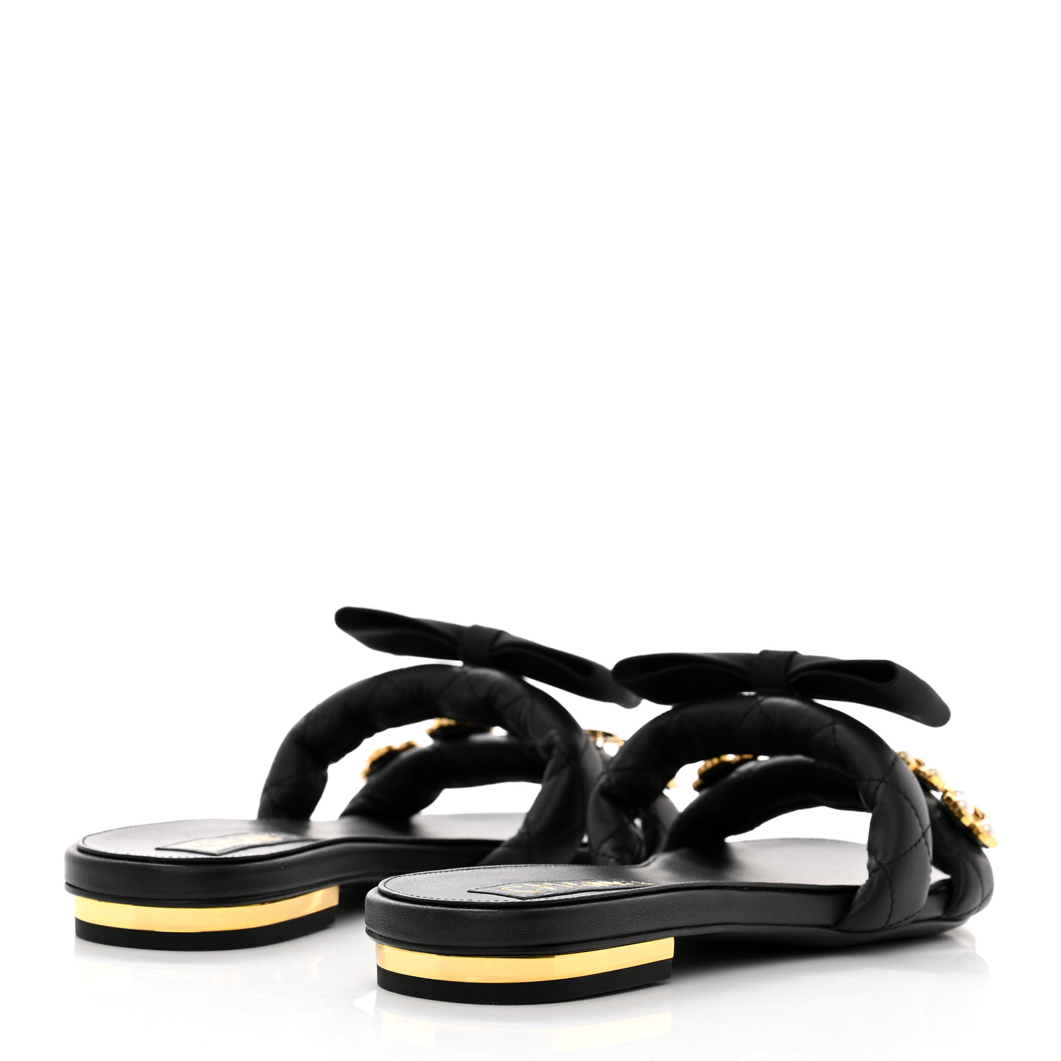 CHANEL Lambskin Pearl Bow CC Mules 36.5 Black 1250084