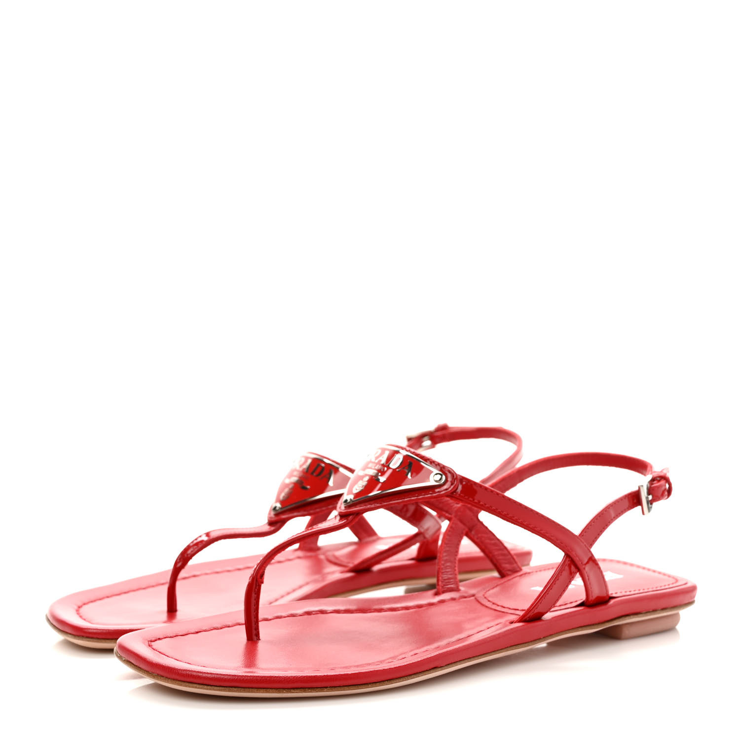 PRADA Vernice Metal Triangle Logo Slingback Flat Thong