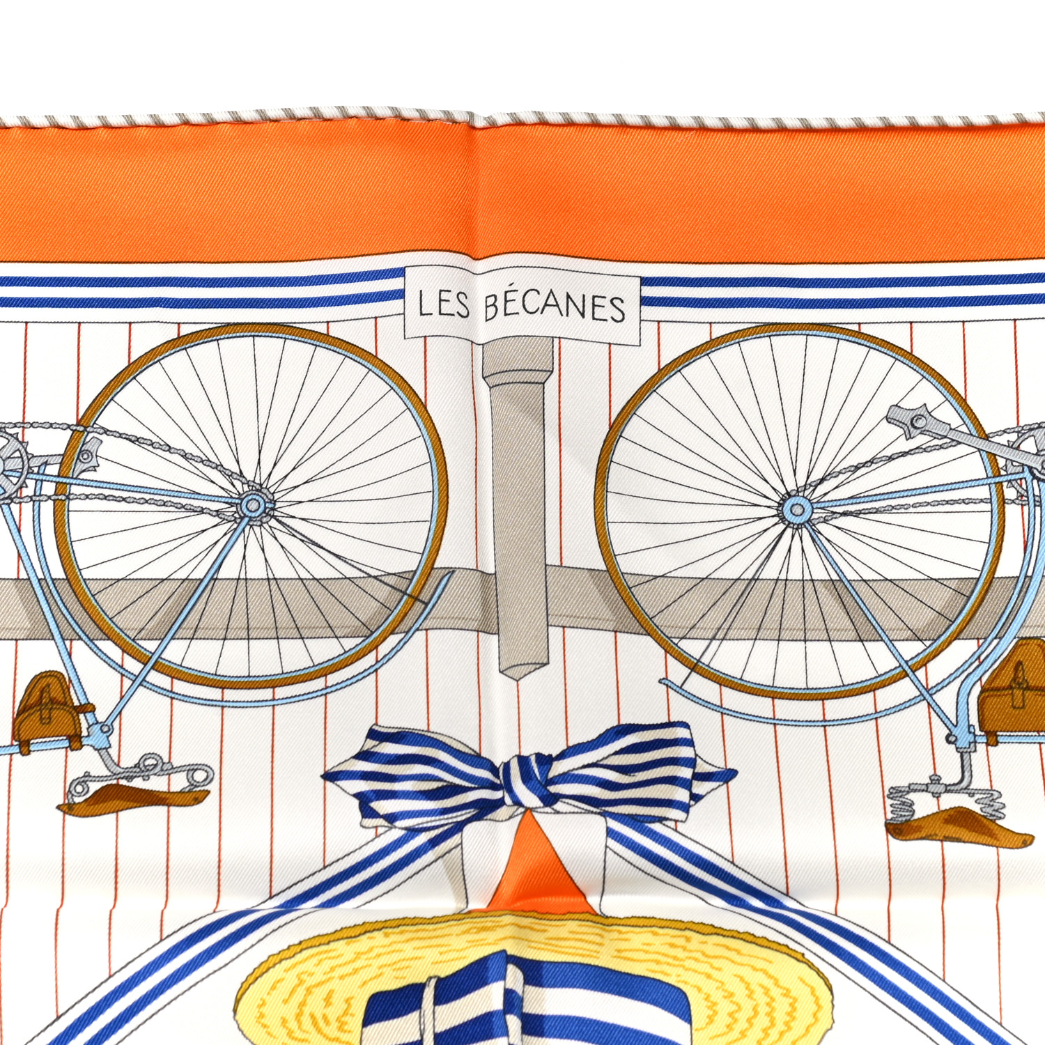 HERMES Silk Vintage Les Becanes Scarf 70 Orange White Bleu