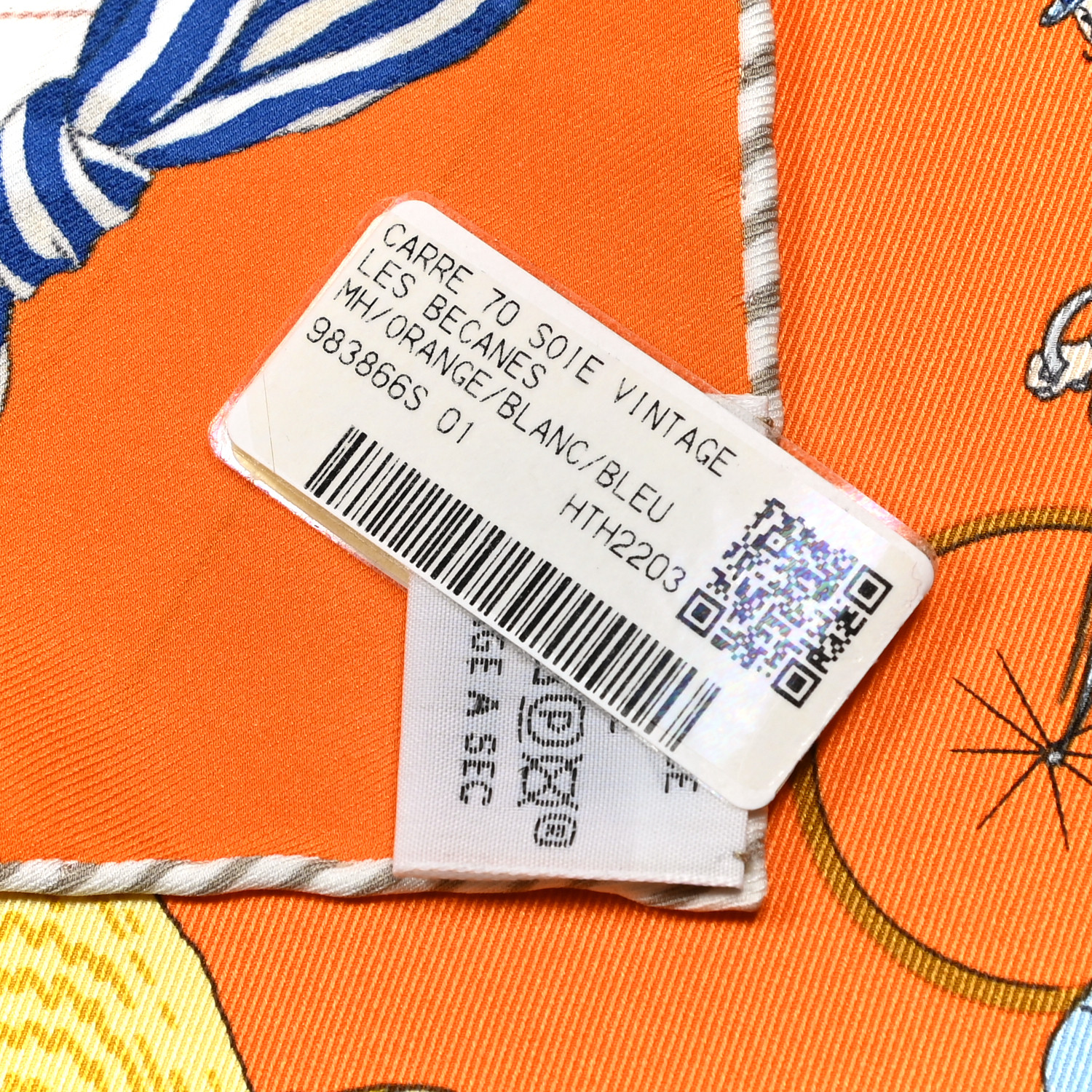 HERMES Silk Vintage Les Becanes Scarf 70 Orange White Bleu