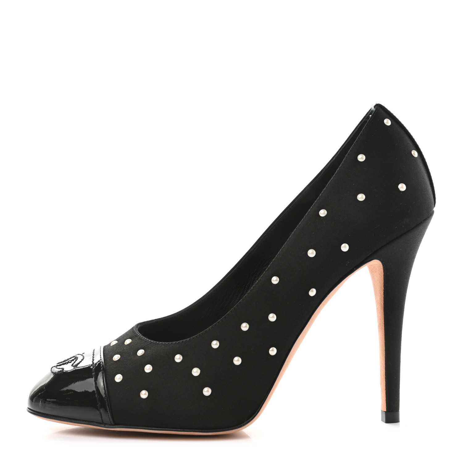 CHANEL Satin Pearl Patent Cap Toe Pumps 38 Black 988666
