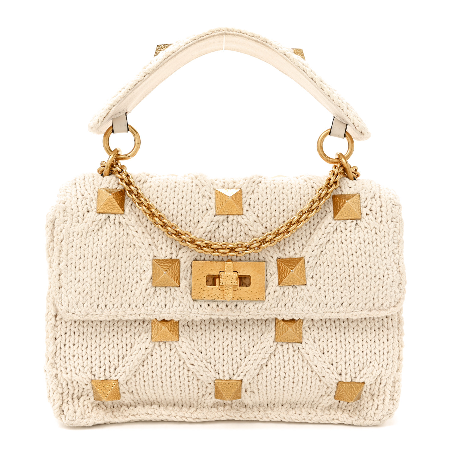 VALENTINOのショルダーバック♪★ ROMAN STUD 編みニット★ VALENTINO GARAVANI Knit Medium Roman Stud Shoulder Bag Ecru