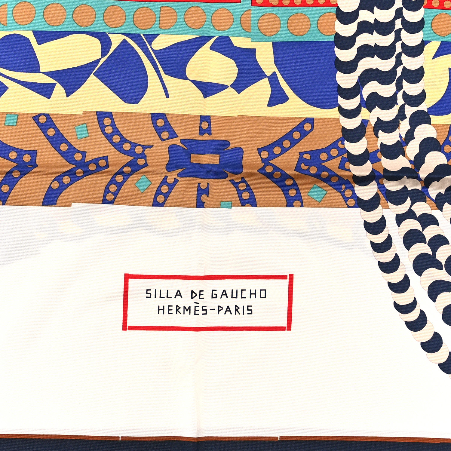 HERMES Silk Silla De Gaucho Scarf 90 Marine White Beige