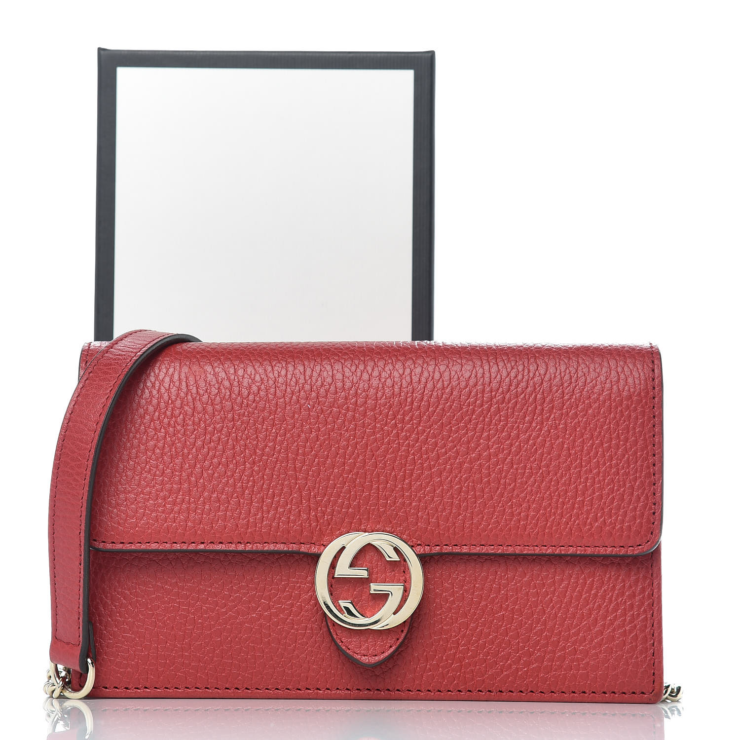 【Gucci】 GG Interlocking Flap Wallet Red ★人気 Gucci Red Leather Interlocking G Wallet on Chain Clutch Bag