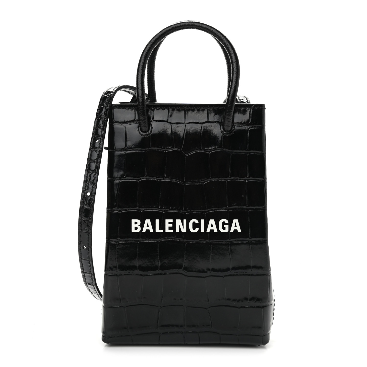 BALENCIAGA Shopping Phone Holder Bag 黒 BALENCIAGA Calfskin Crocodile Embossed Logo Shopping Phone