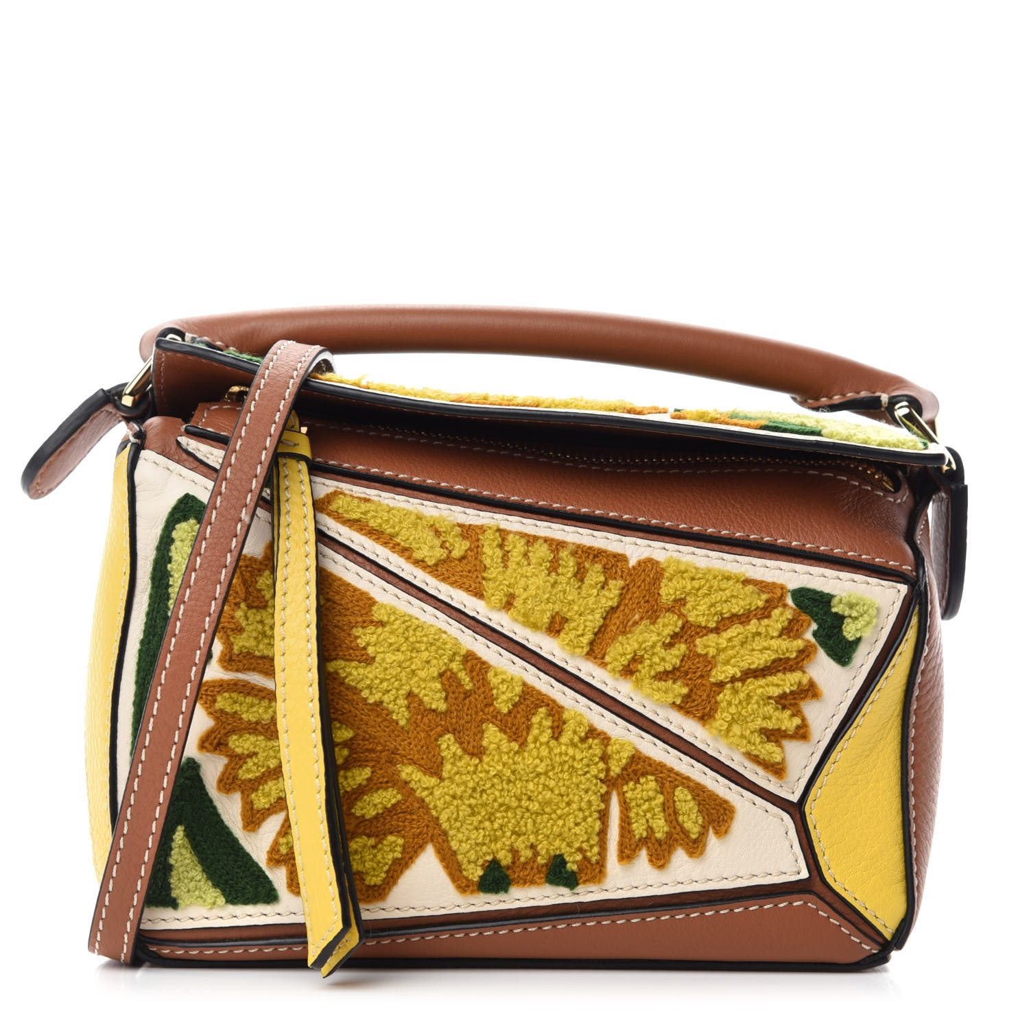 LOEWE Calfskin Embroidered Floral Mini Puzzle Bag Tan Yellow
