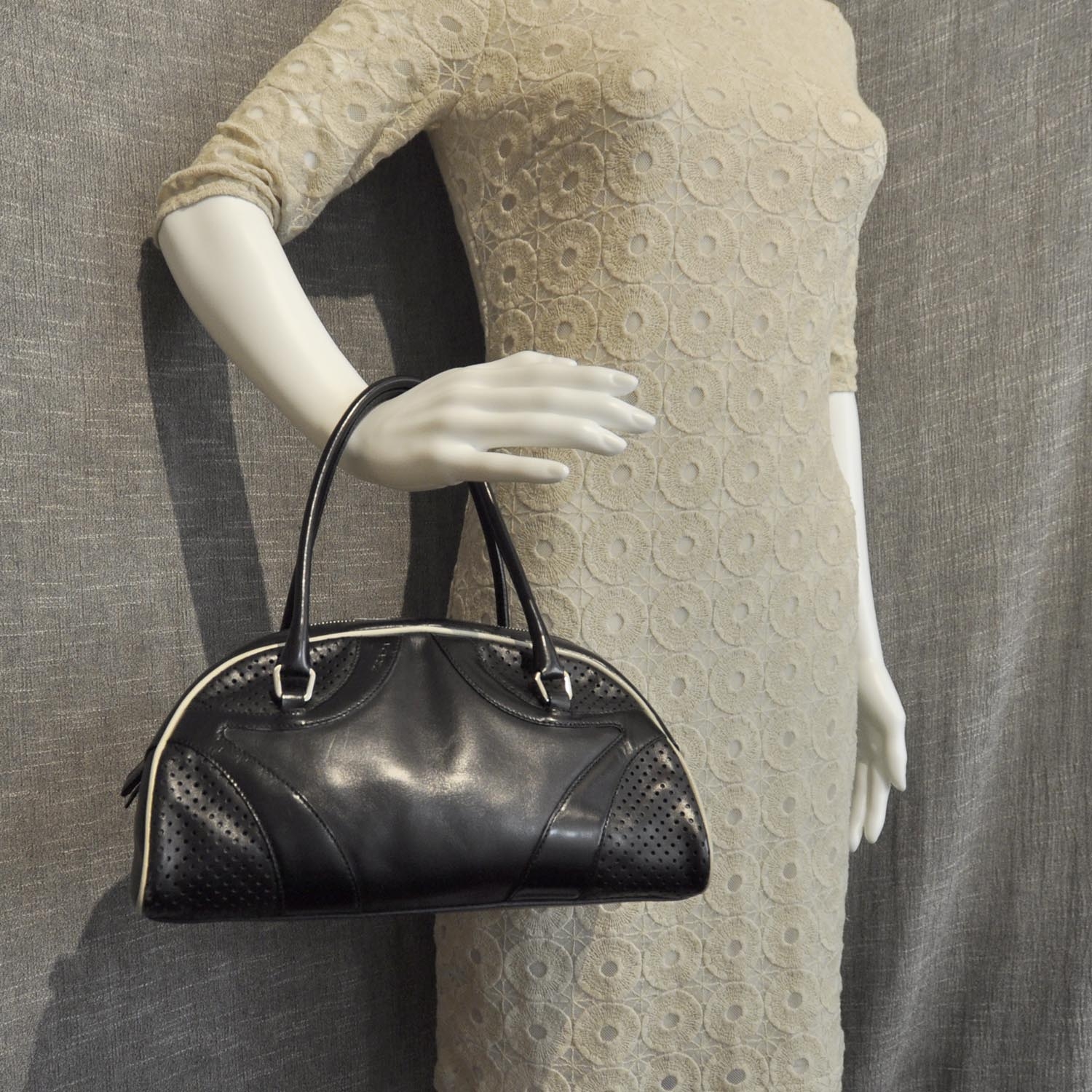 PRADA Vitello Drive Perforated Bowling Bag Black 27526