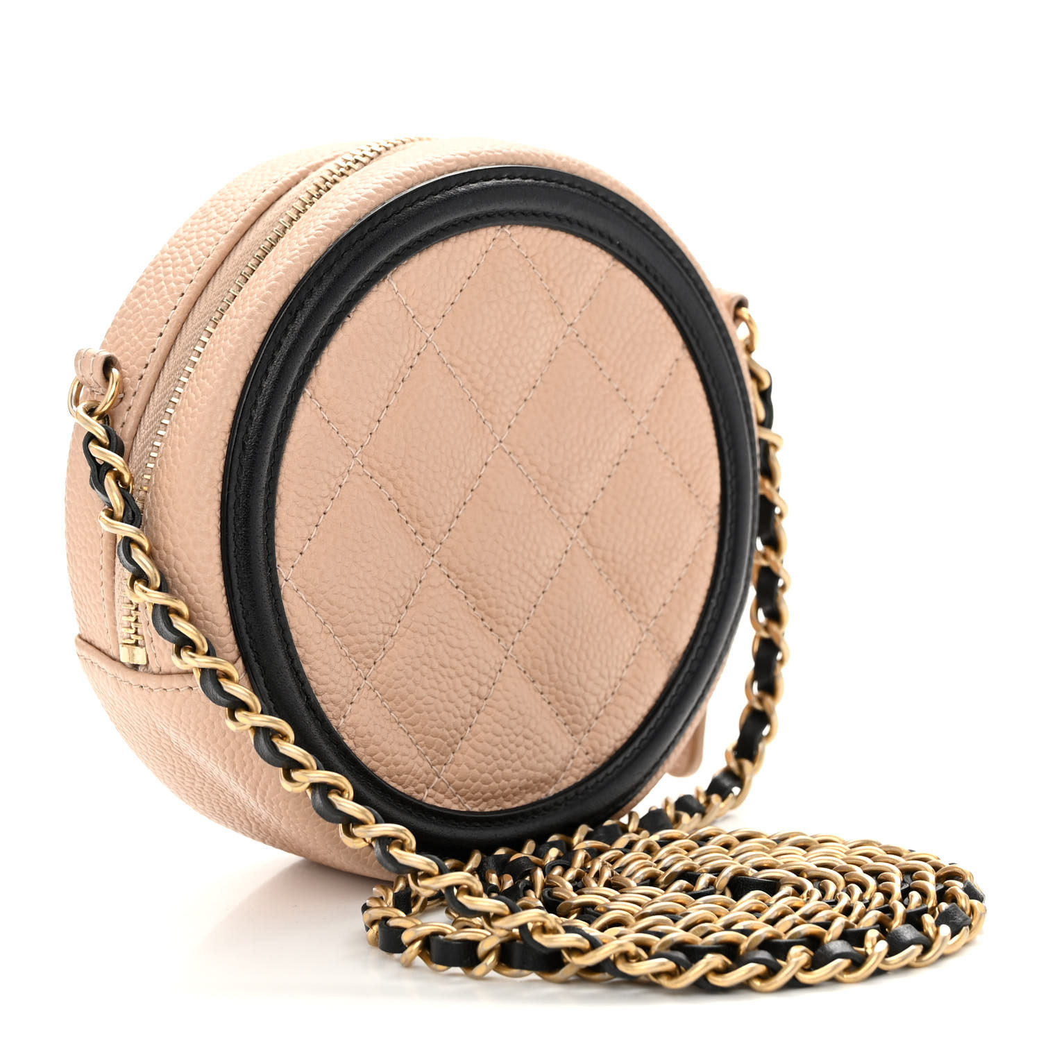 CHANEL Caviar Quilted Round Filigree Crossbody Beige Black