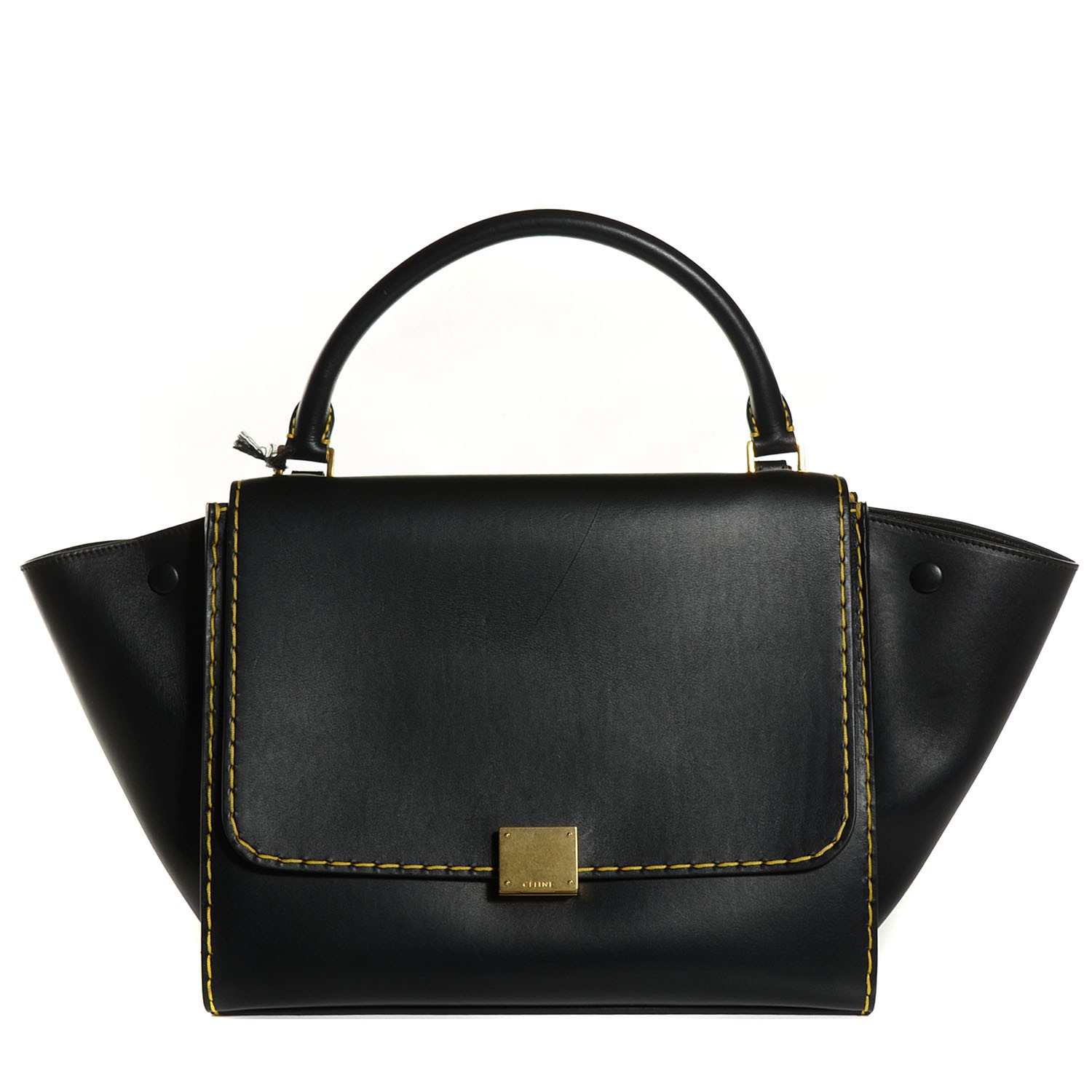 CELINE Smooth Calfskin Yellow Stitching Medium Trapeze Black