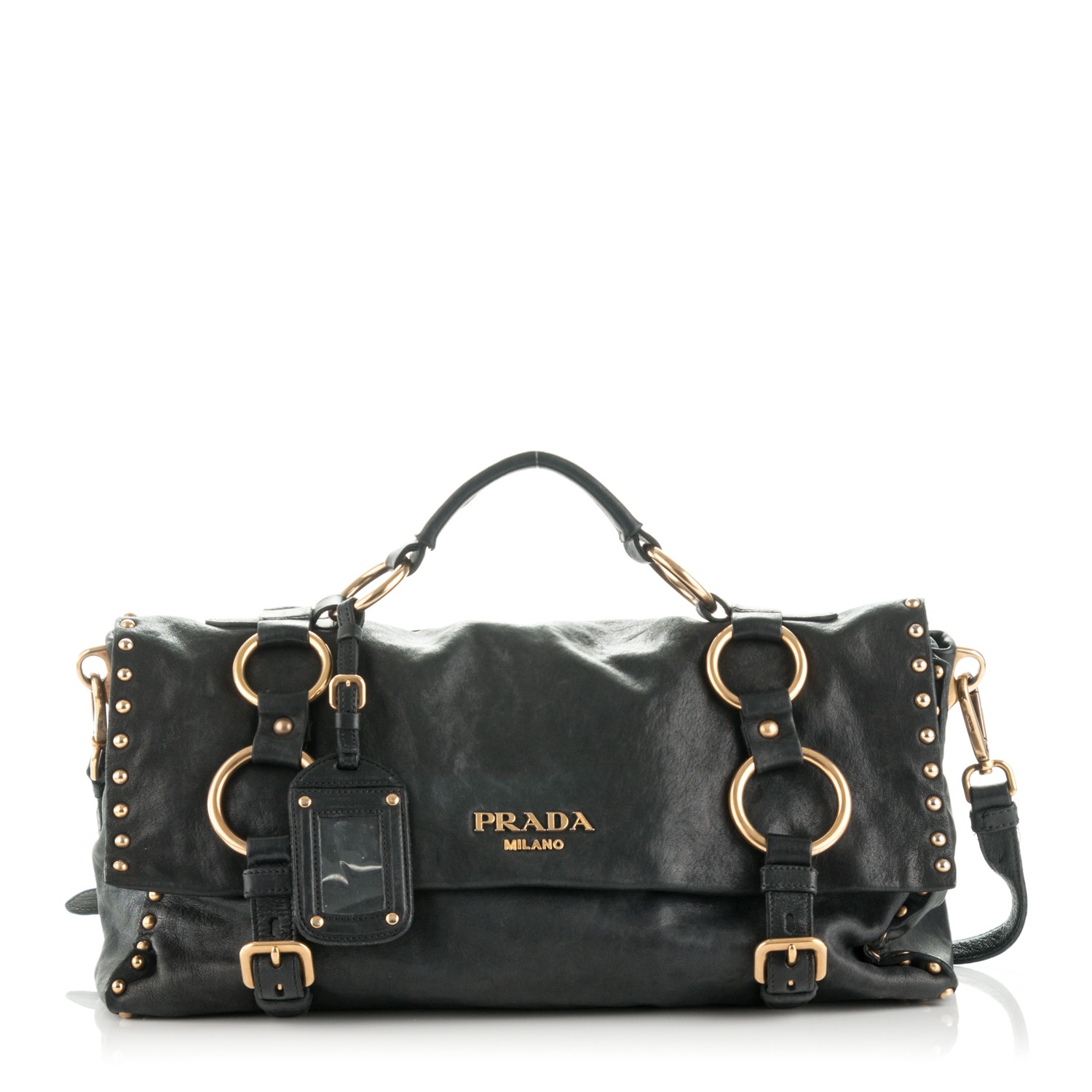 PRADA Nappa Studded Aviator Satchel Blue 175645 | FASHIONPHILE