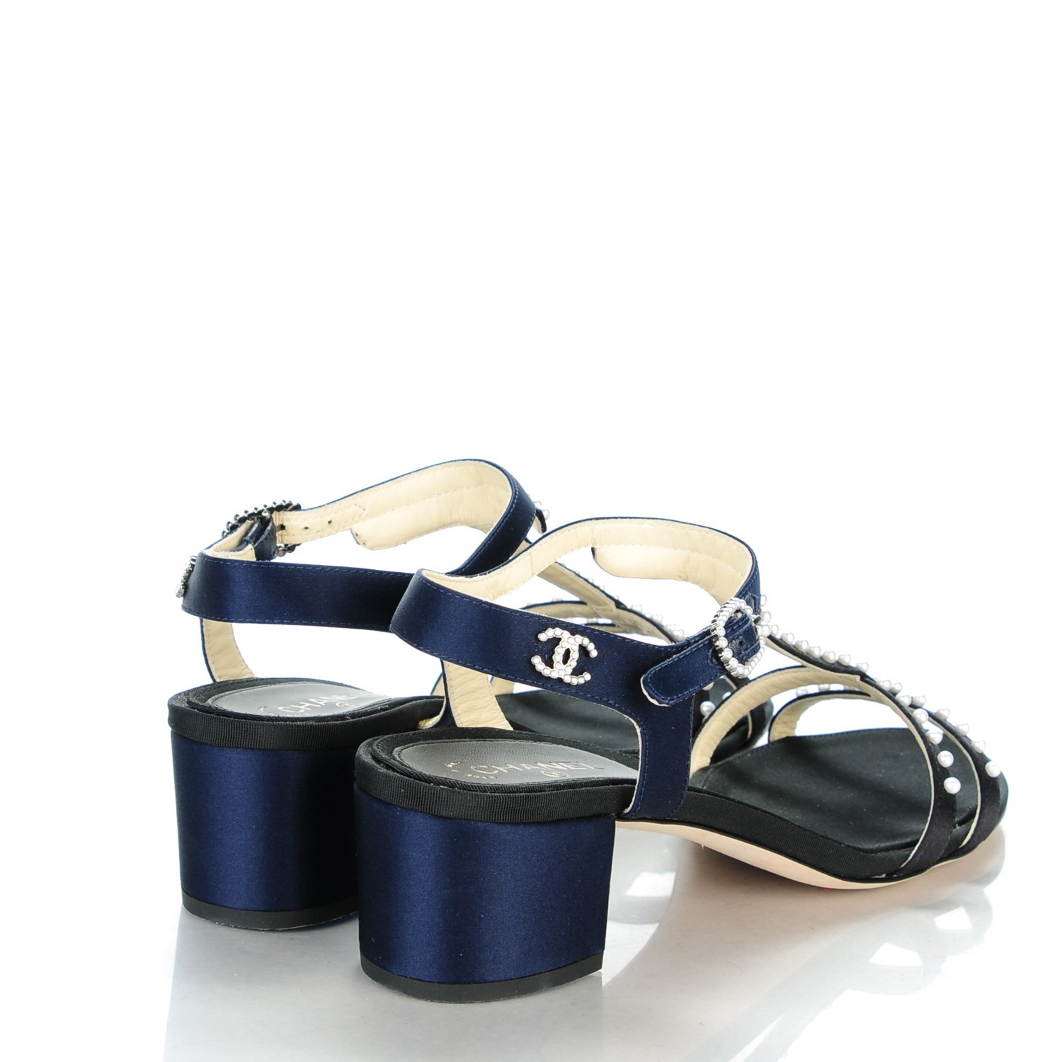CHANEL Satin Pearl Sandals 37.5 Black Navy 141536 | FASHIONPHILE