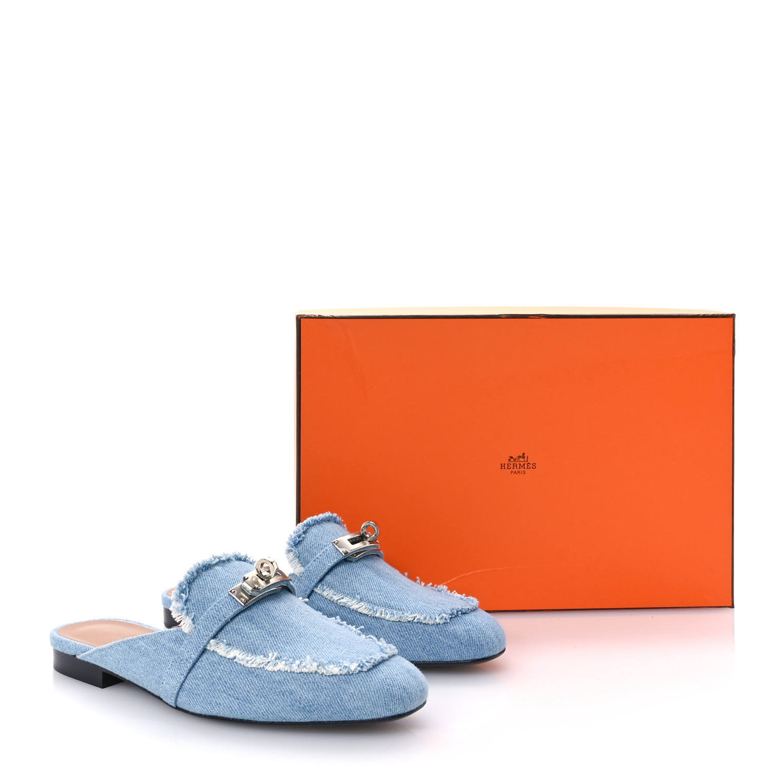 HERMES Denim Fringed Oz Mules 36 Bleu Clair 1672632