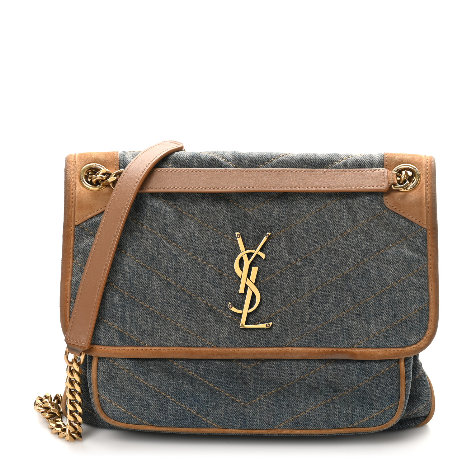 SAINT LAURENT Denim Suede Monogram Medium Niki Chain Satchel