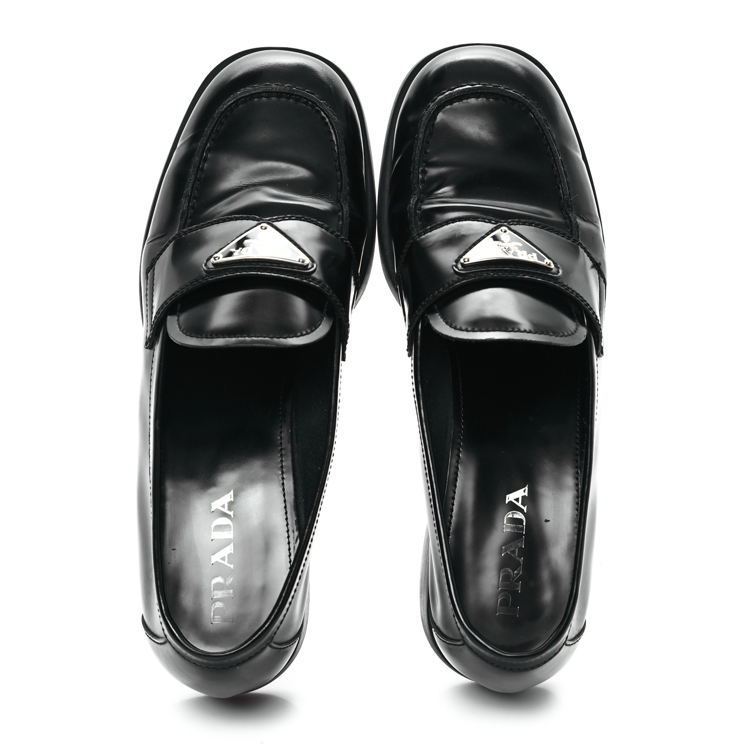 PRADA Spazzolato Metal Triangle Logo 20mm Loafers 39.5 Black
