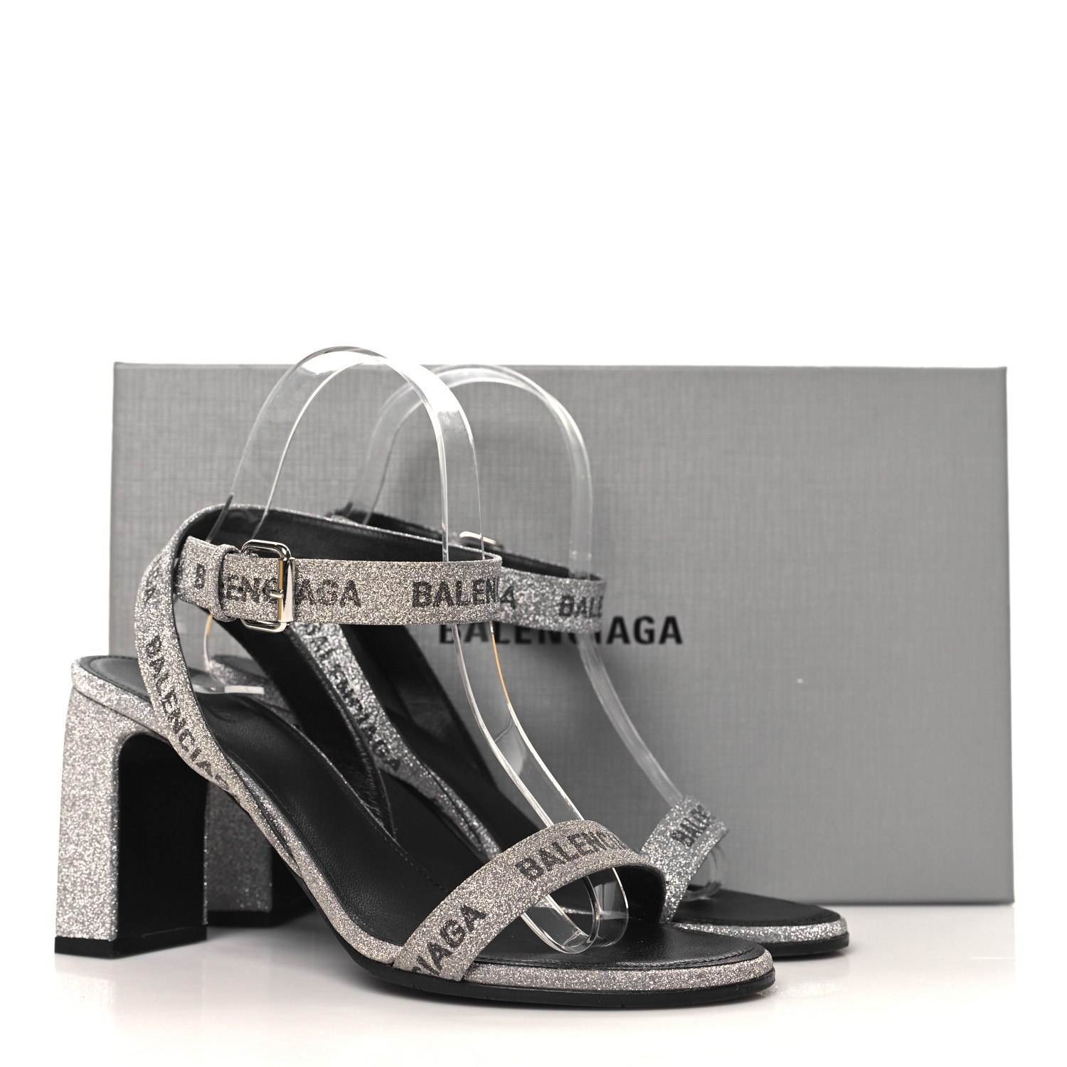 BALENCIAGA Glitter Allover Logo Ankle Strap Round Heel 80mm