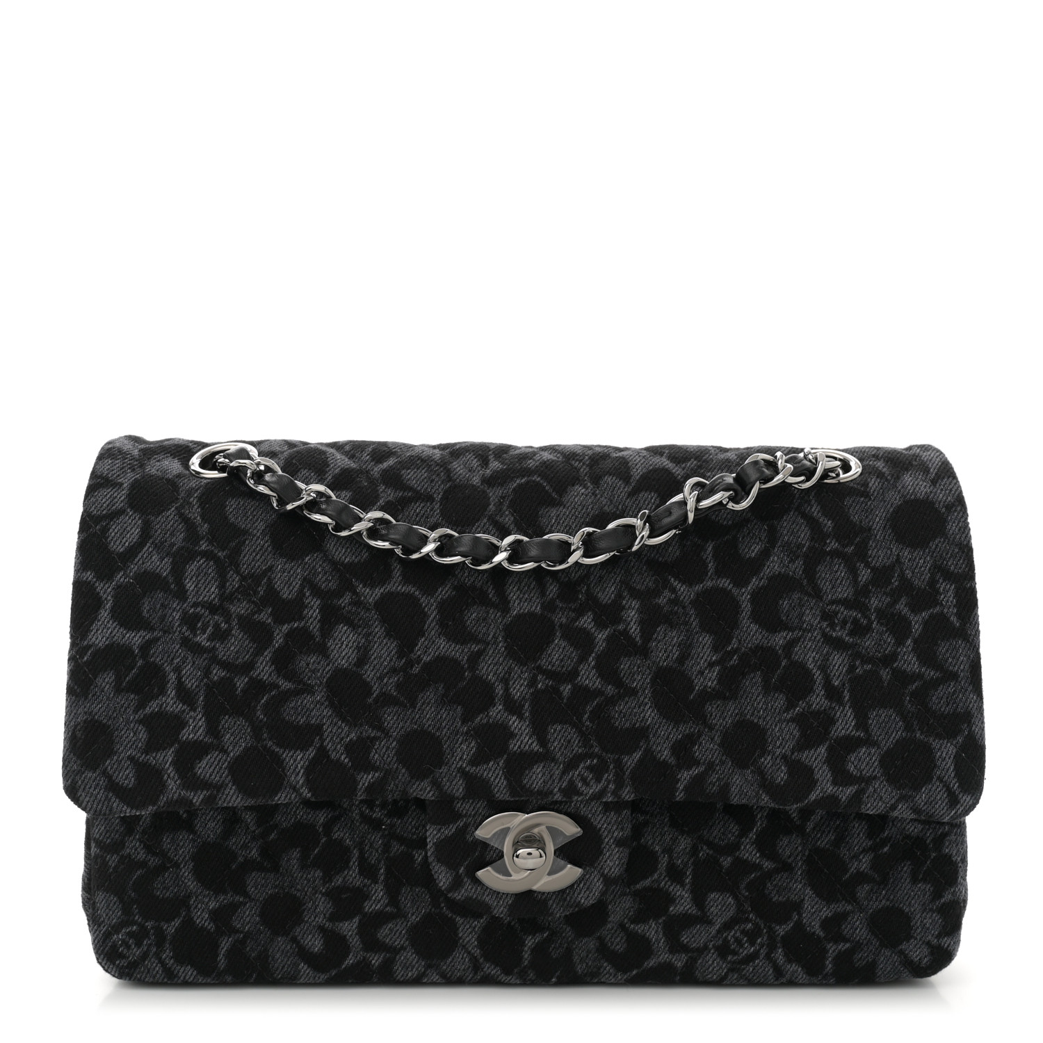 CHANEL Printed Denim Quilted Flower Medium Double Flap Black