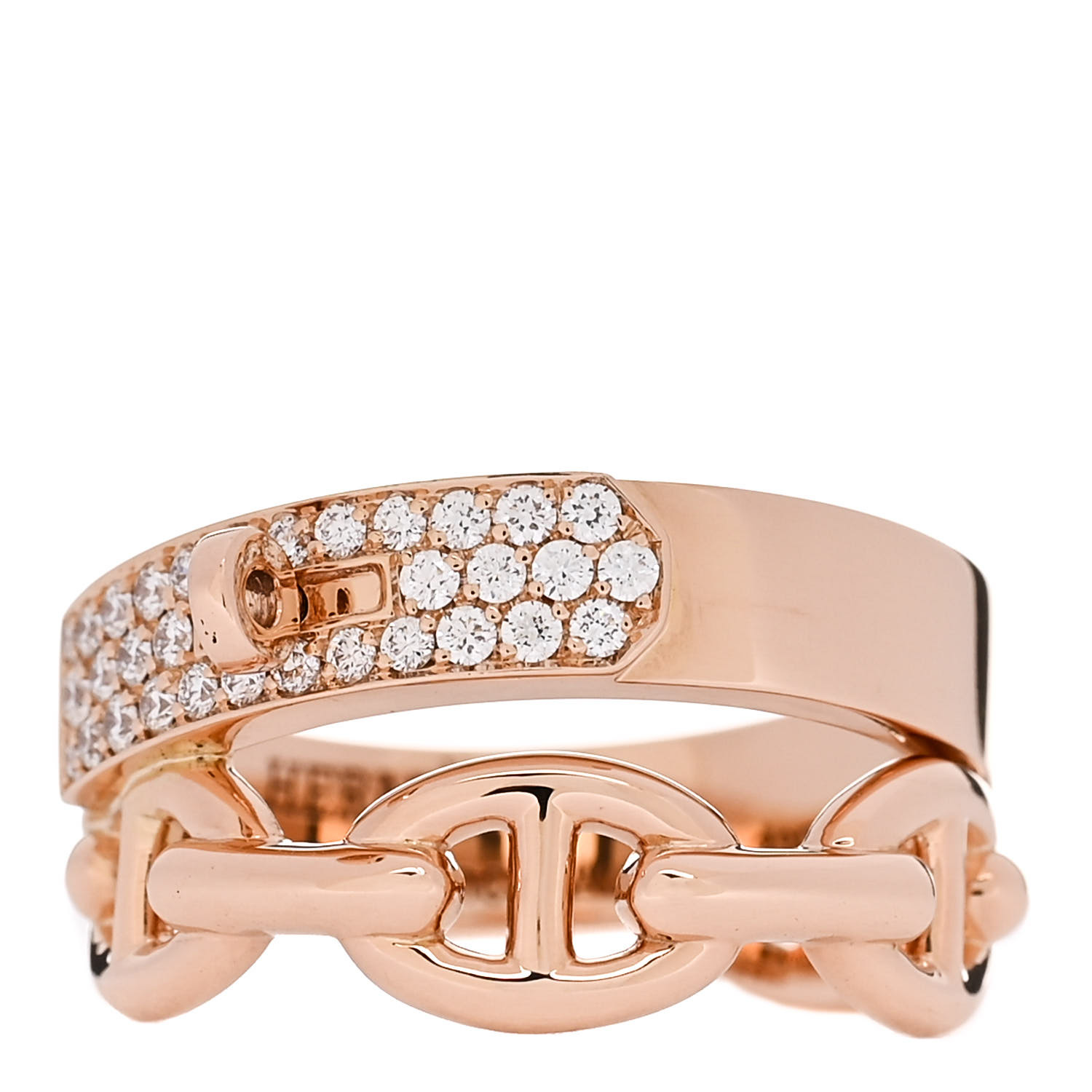 HERMES 18K Rose Gold Diamond Kelly Double Tour Pave Ring 51