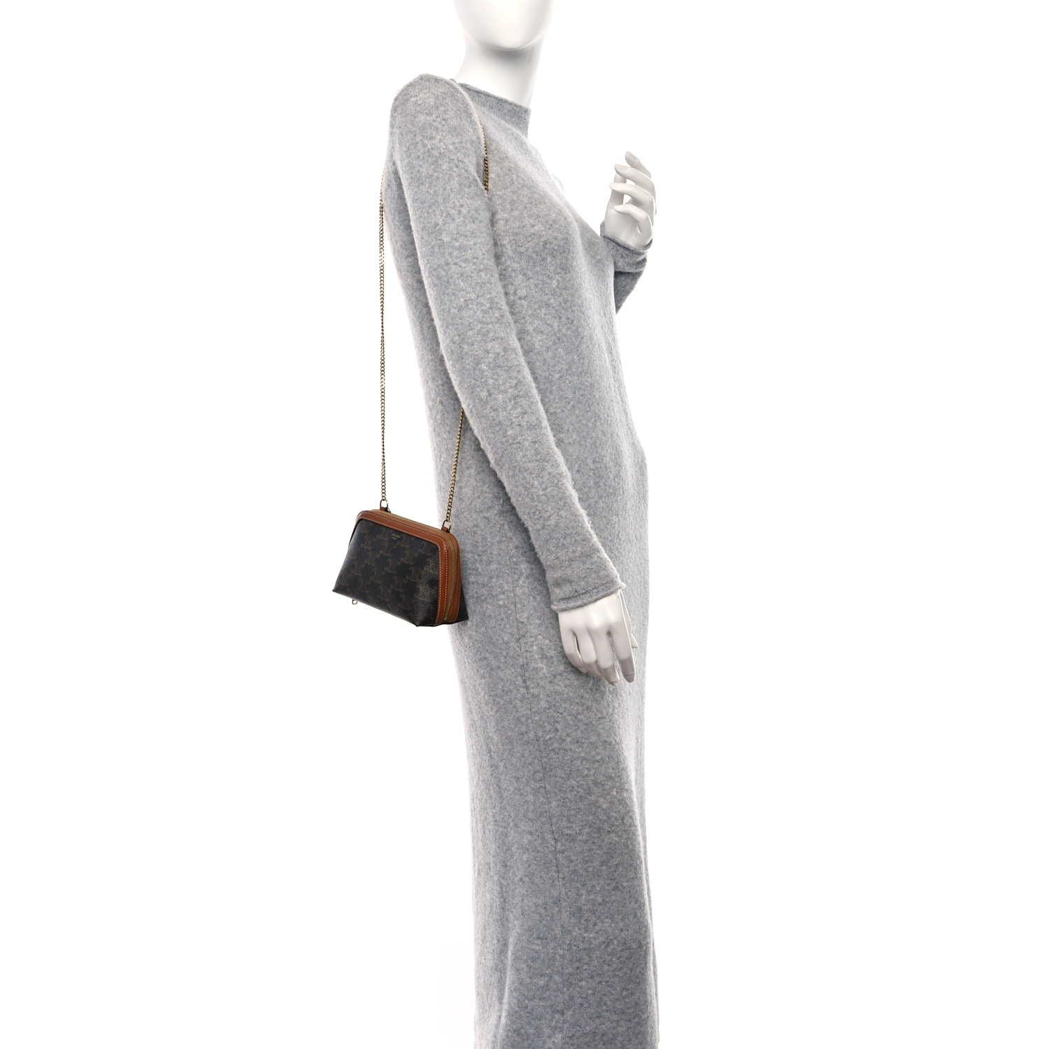 CELINE Lambskin Triomphe Canvas Clutch With Chain Tan