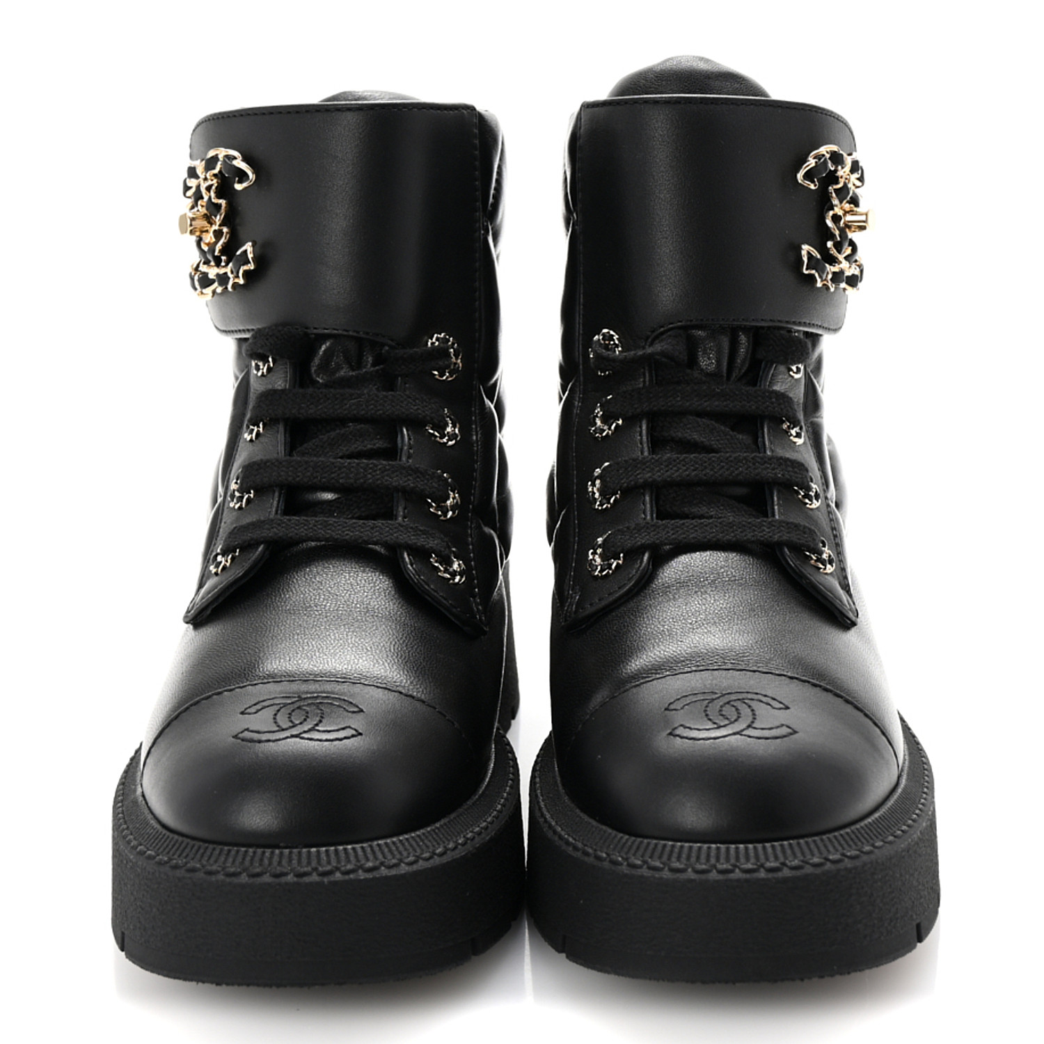 CHANELブーツ Combat Boots 37 CHANEL Lambskin Calfskin Quilted Lace Up Combat Boots 37