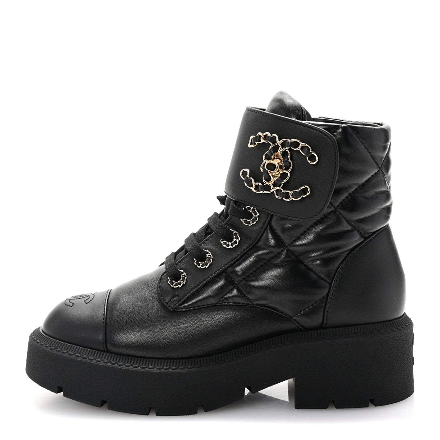 CHANELブーツ Combat Boots 37 CHANEL Lambskin Calfskin Quilted Lace Up Combat Boots 37