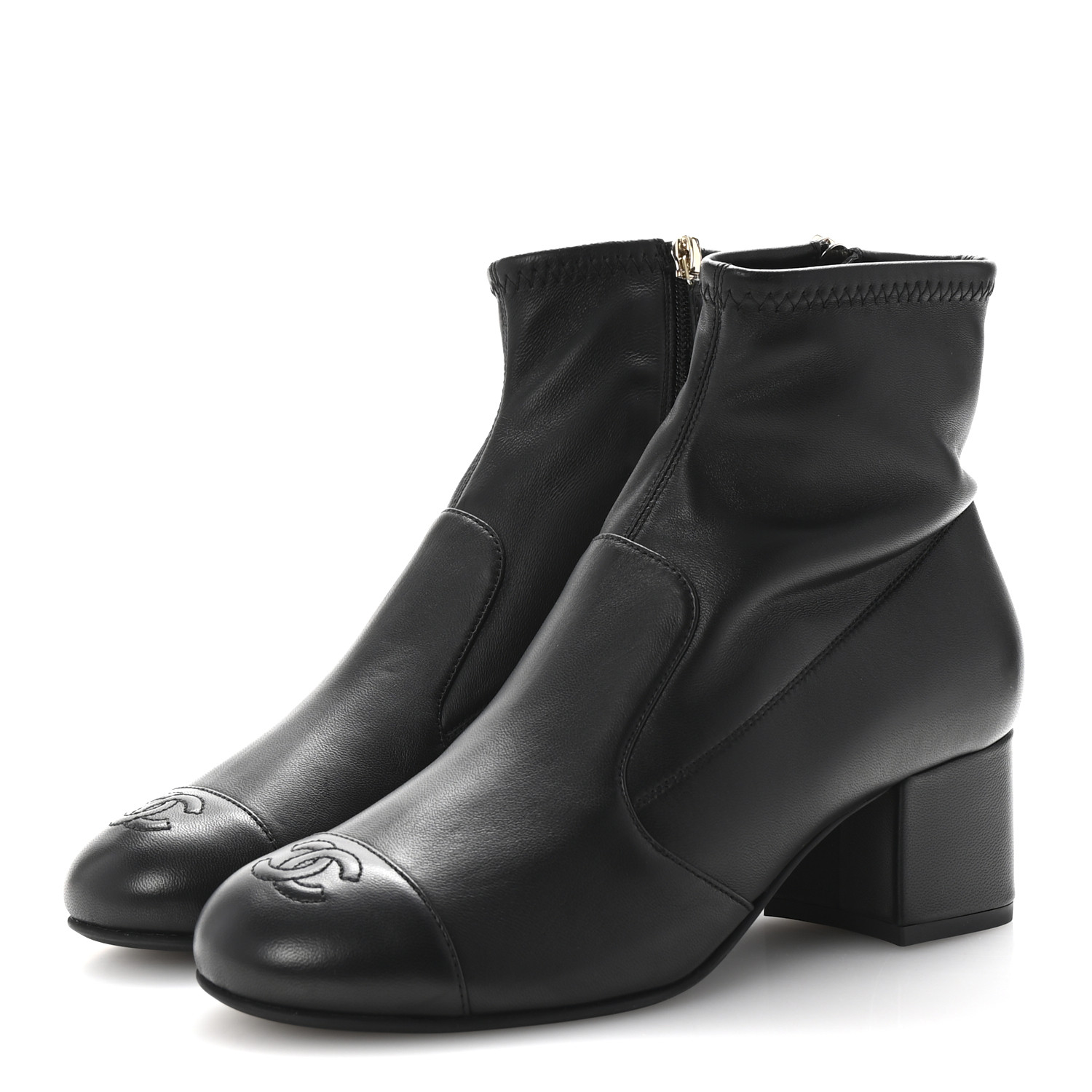 CHANEL Stretch Lambskin Cap Toe CC Short Boots 37.5 Black