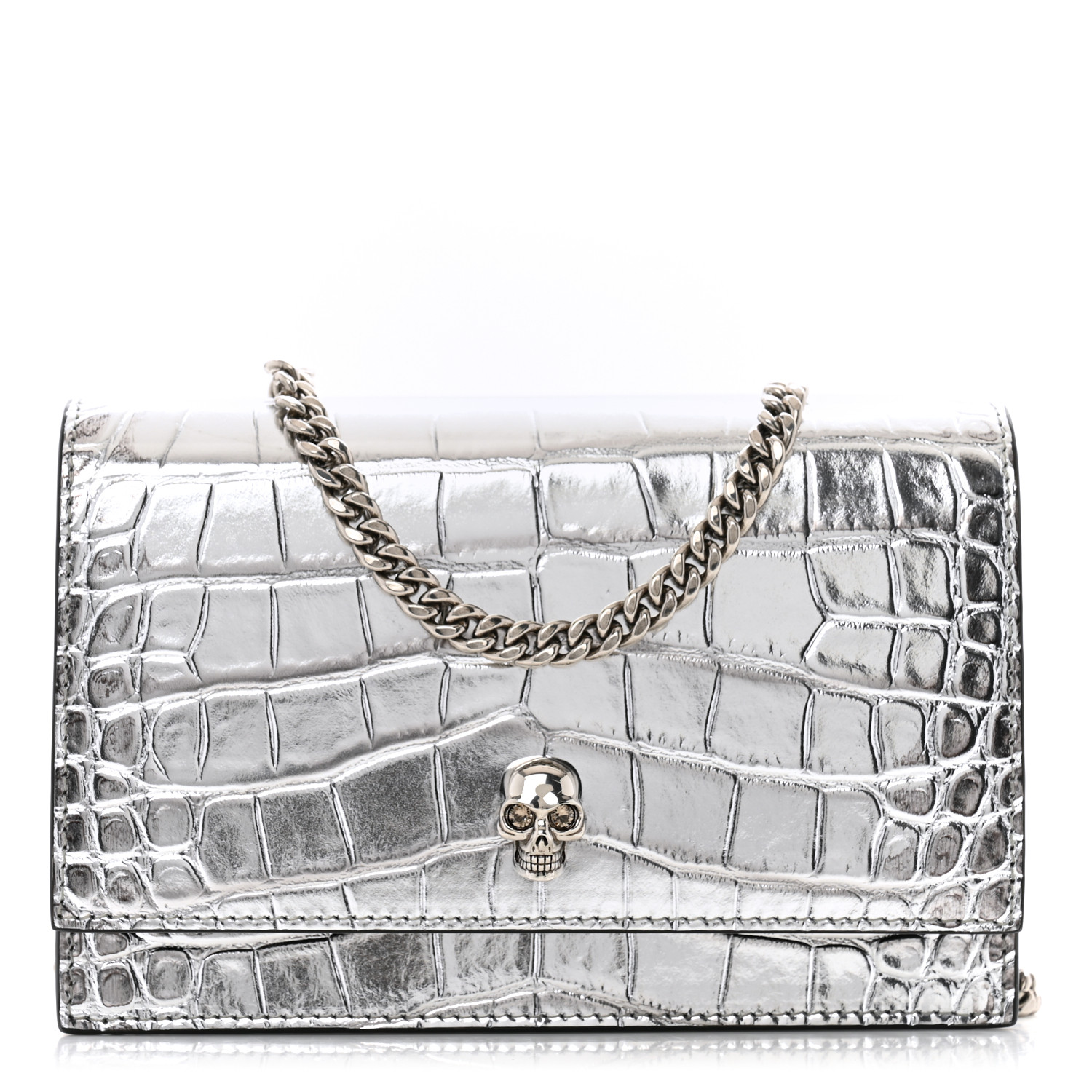 ALEXANDER MCQUEEN Metallic Calfskin Crocodile Embossed Skull