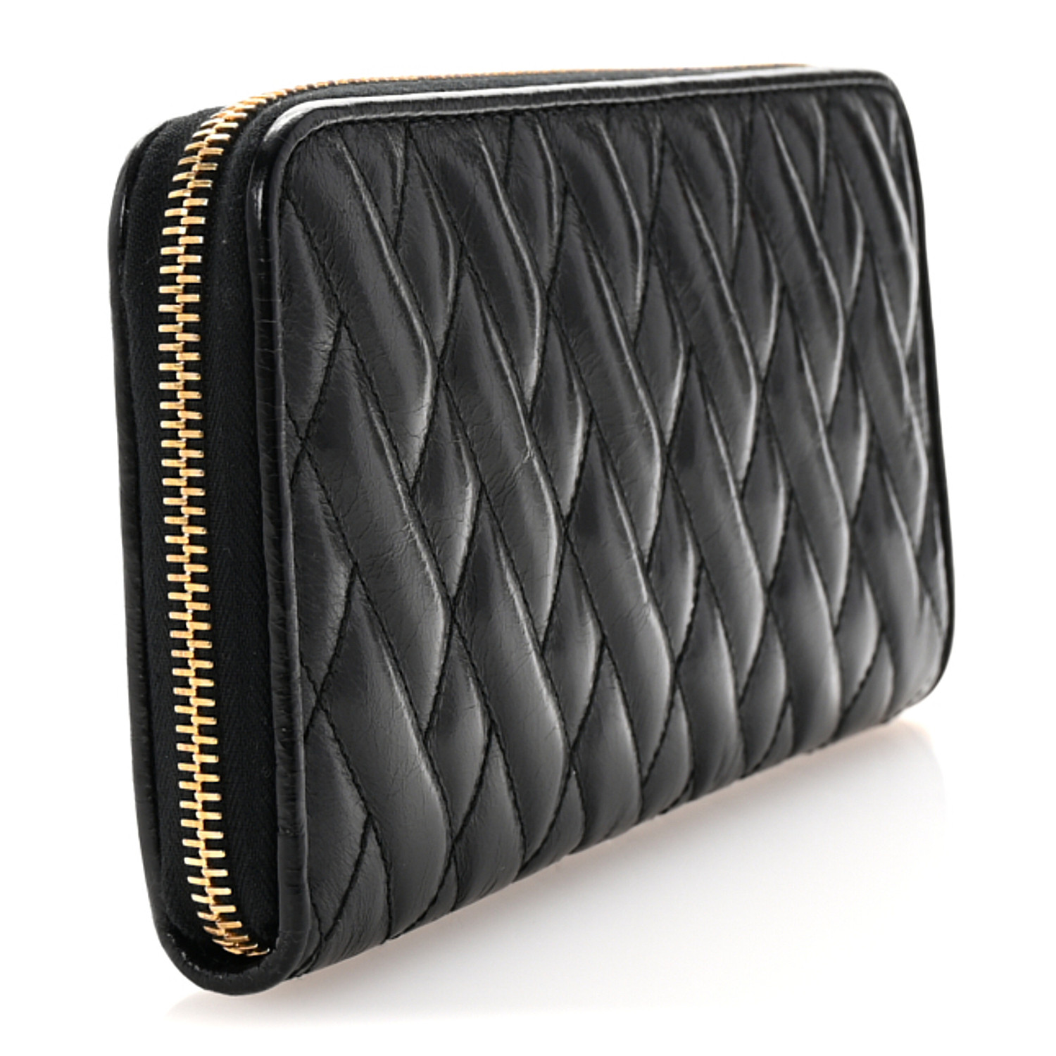長財布 MiuMiu Matelasse Zip Around Wallet Black MIU MIU Vitello Shine Matelasse Zip Around Wallet Black