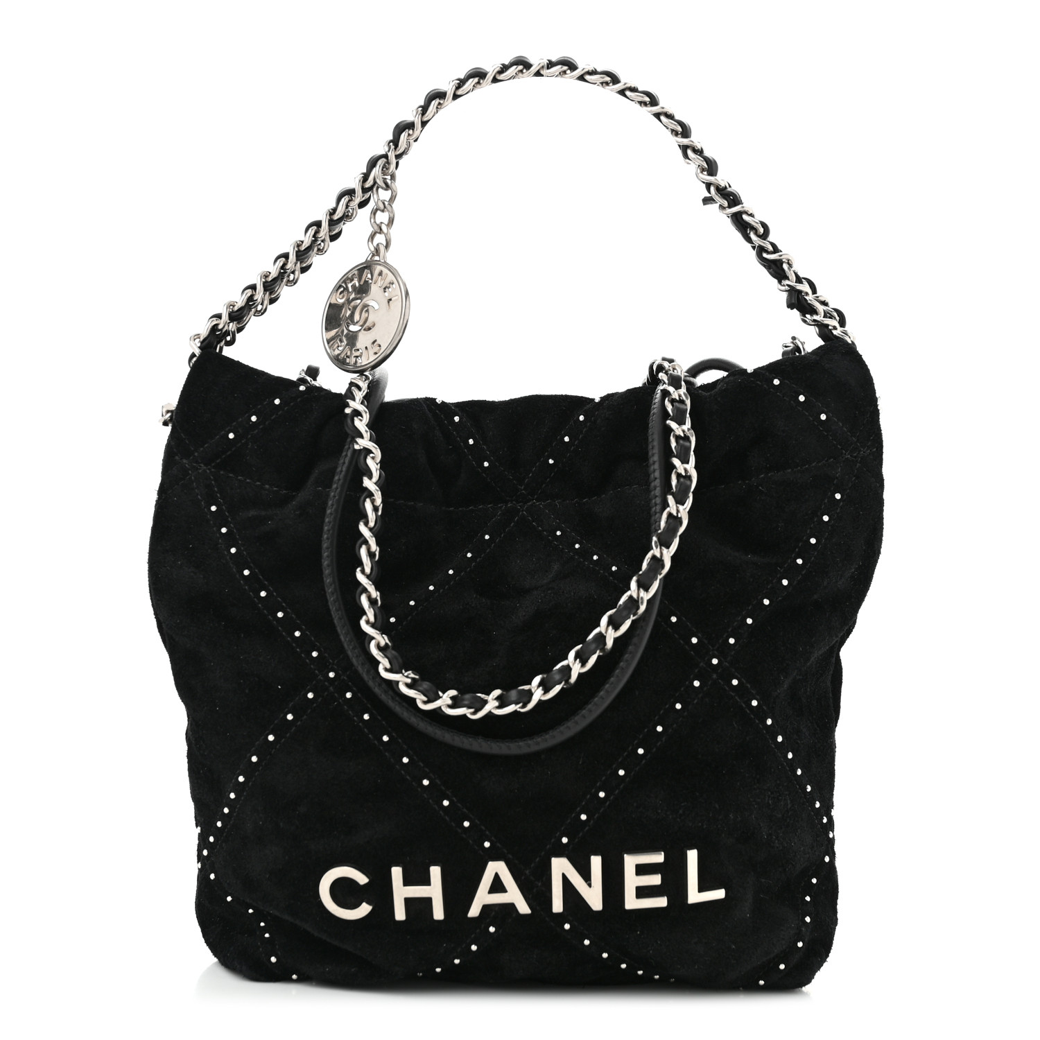 shbb_1122 クリスタル変更 01 Black Chanliade CHANEL Suede Stitched Quilted Studded Mini Chanel 22 Black