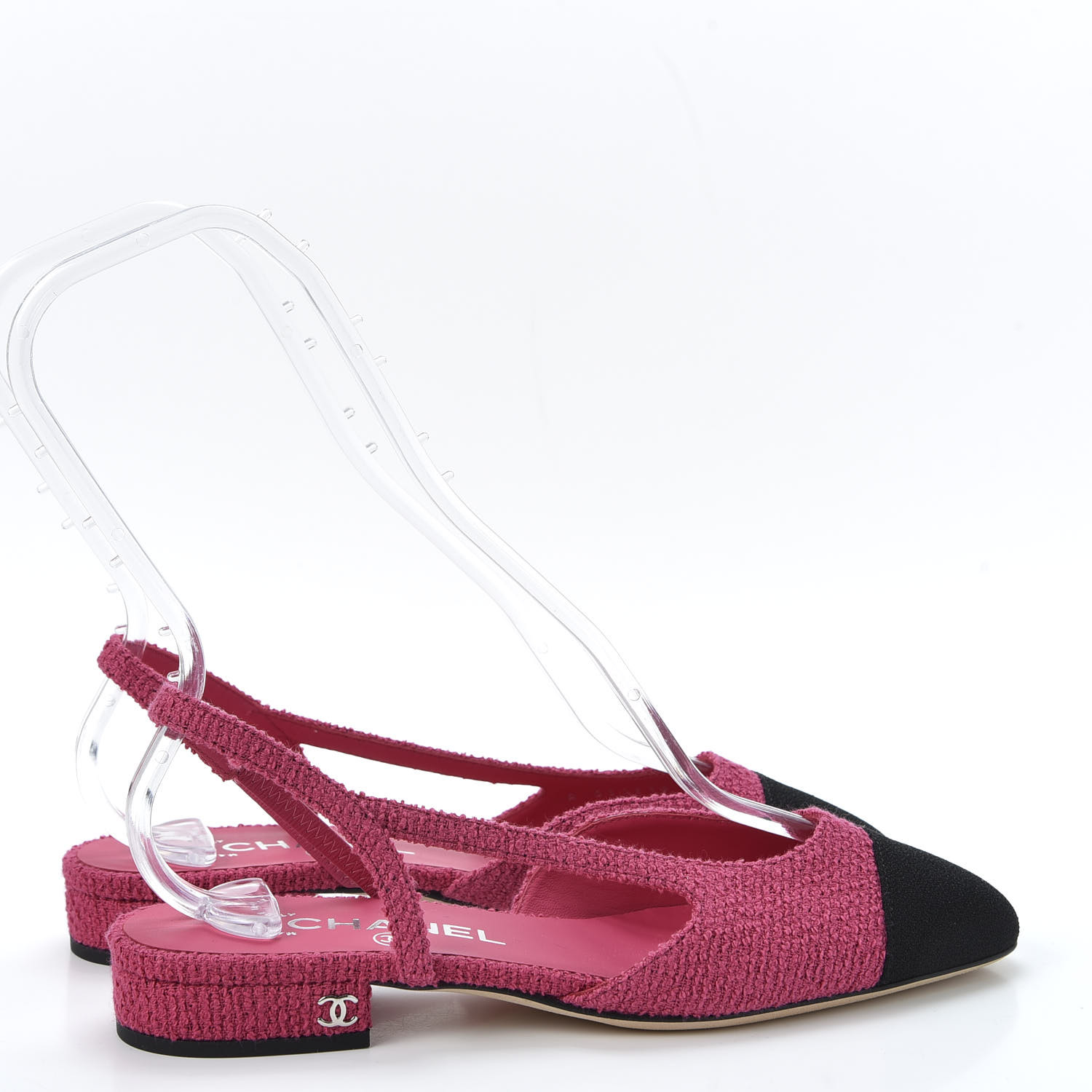 CHANEL Tweed Cap Toe CC Slingback Flat 36 Pink 583407