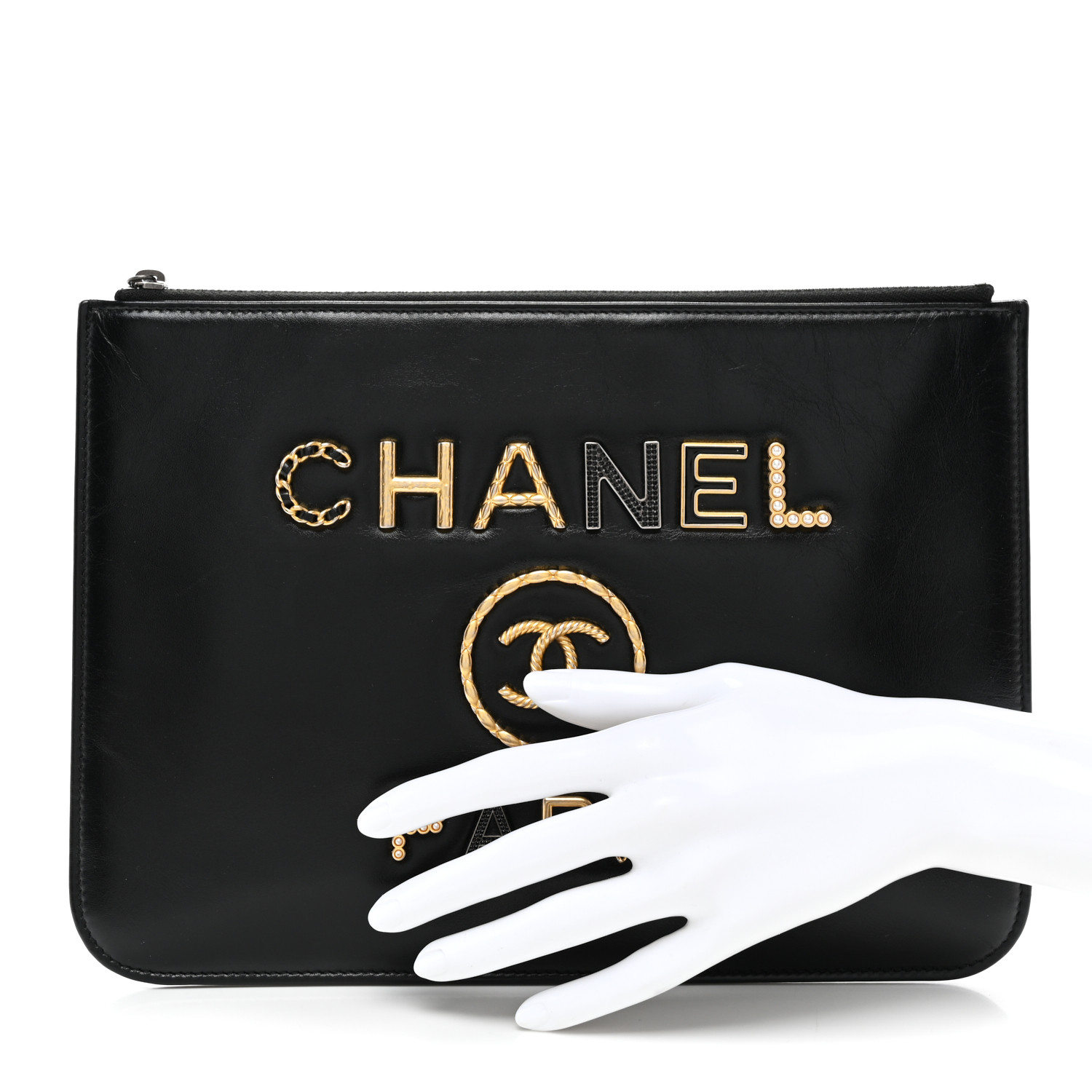 CHANEL Aged Calfskin Medium Charms Deauville Pouch Black 2