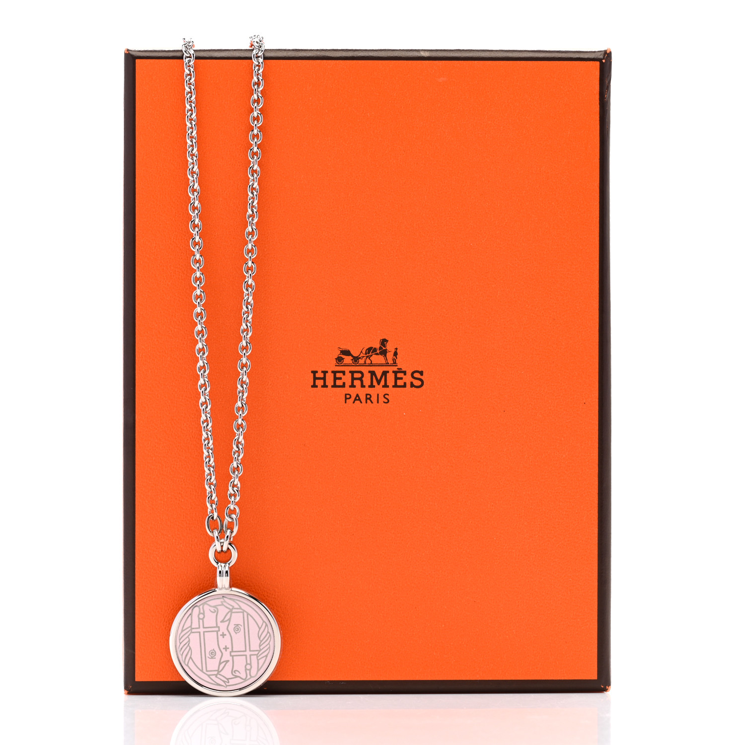 HERMES Palladium Enamel Large Medaille Quadrige Necklace
