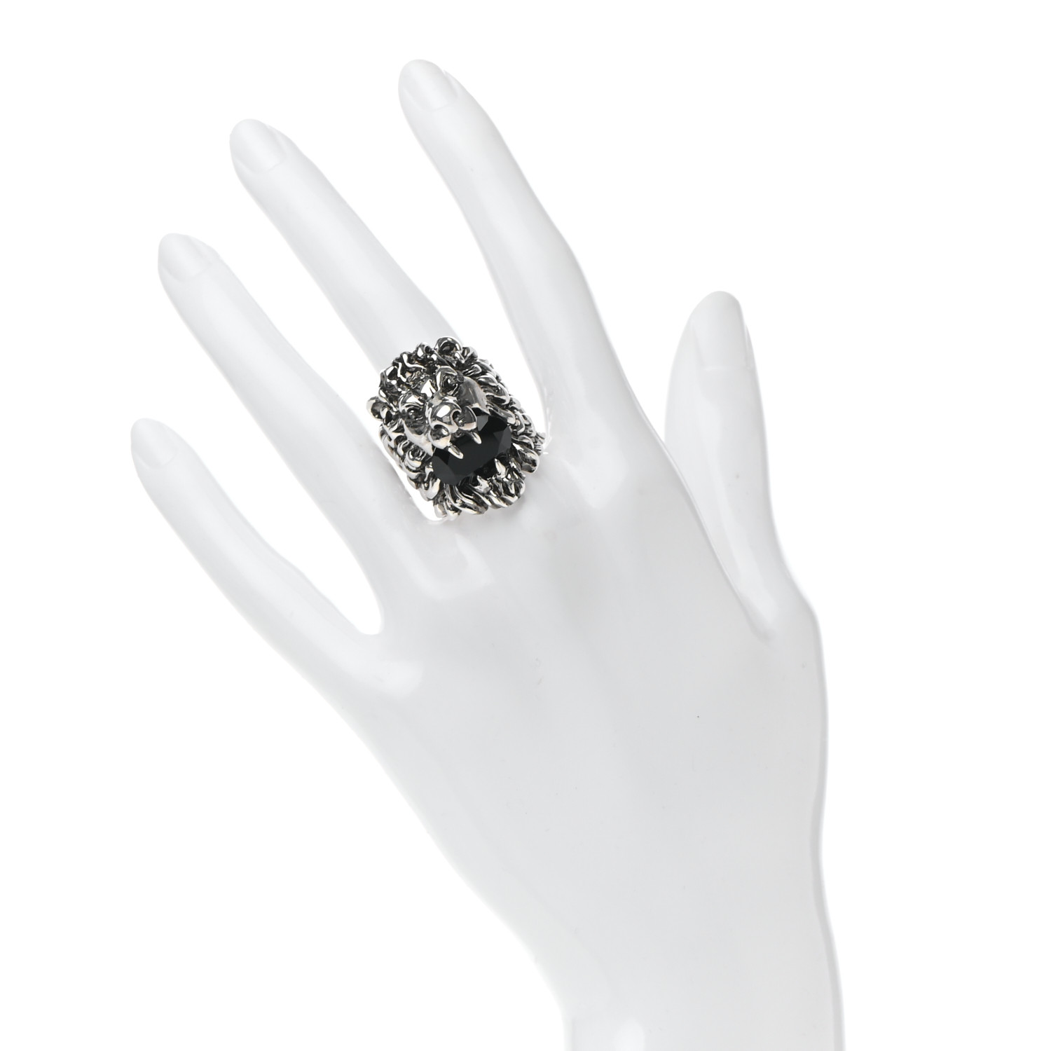 GUCCI Metal Crystal Lion Head Ring 7.5 Black Aged Silver