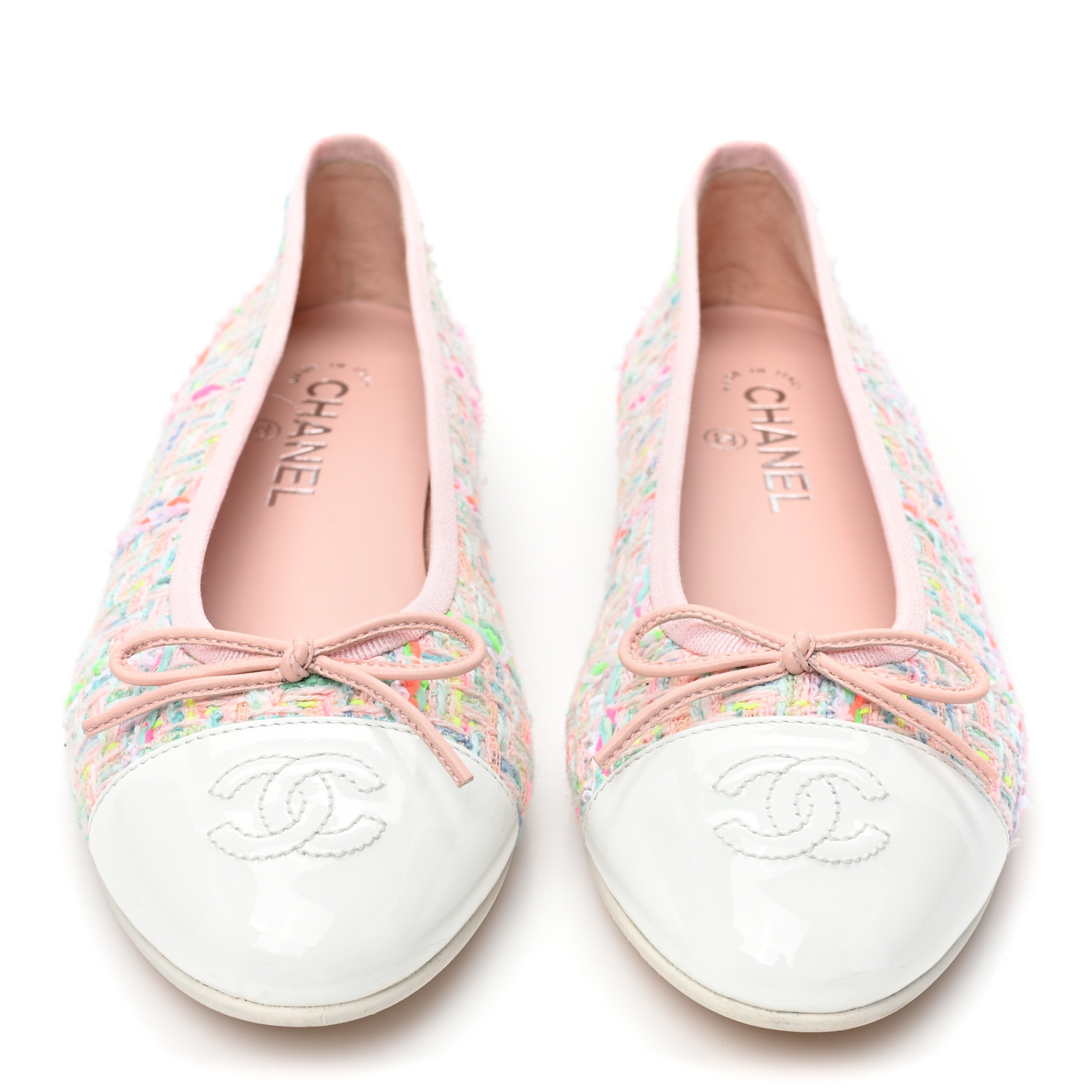 CHANEL Tweed Patent Cap Toe Ballerina Flats 38 Pink White