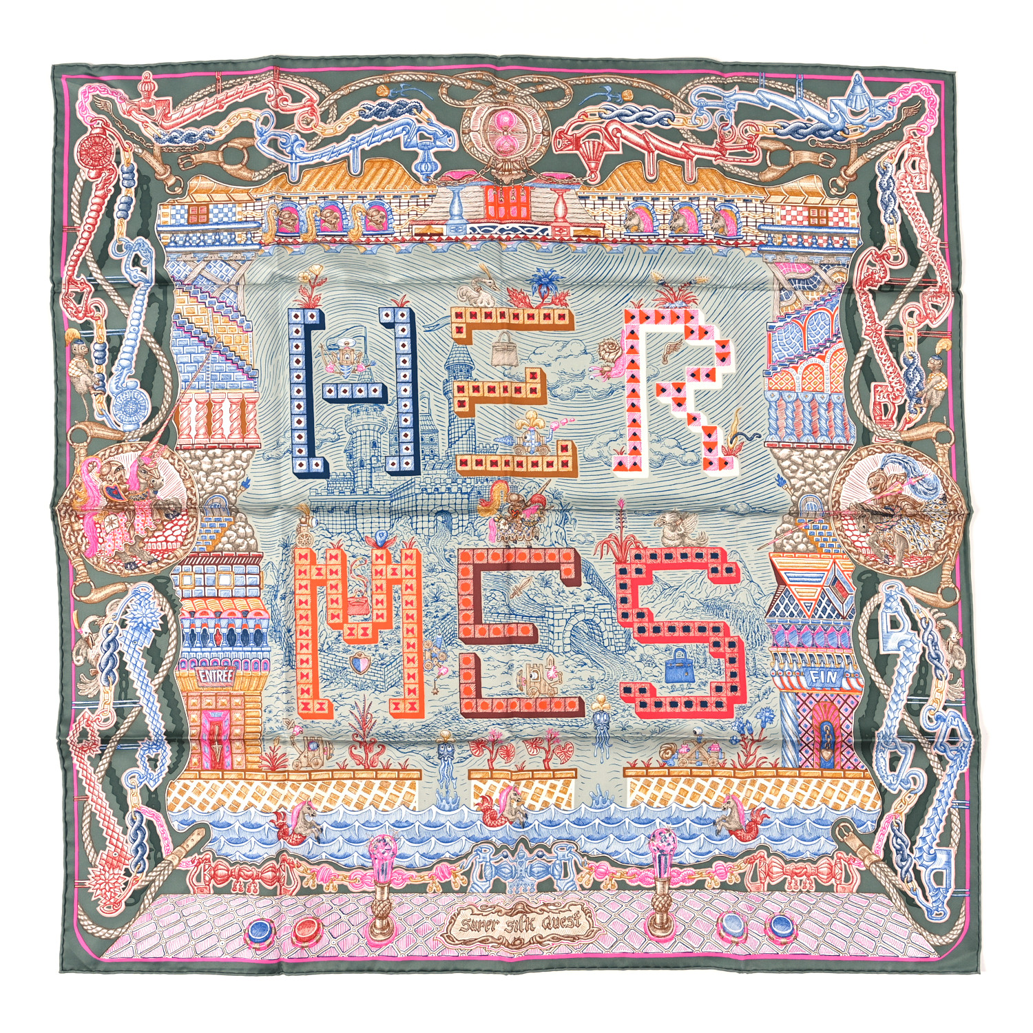 HERMES Silk Super Silk Quest Scarf 90 Vert Amande Rose