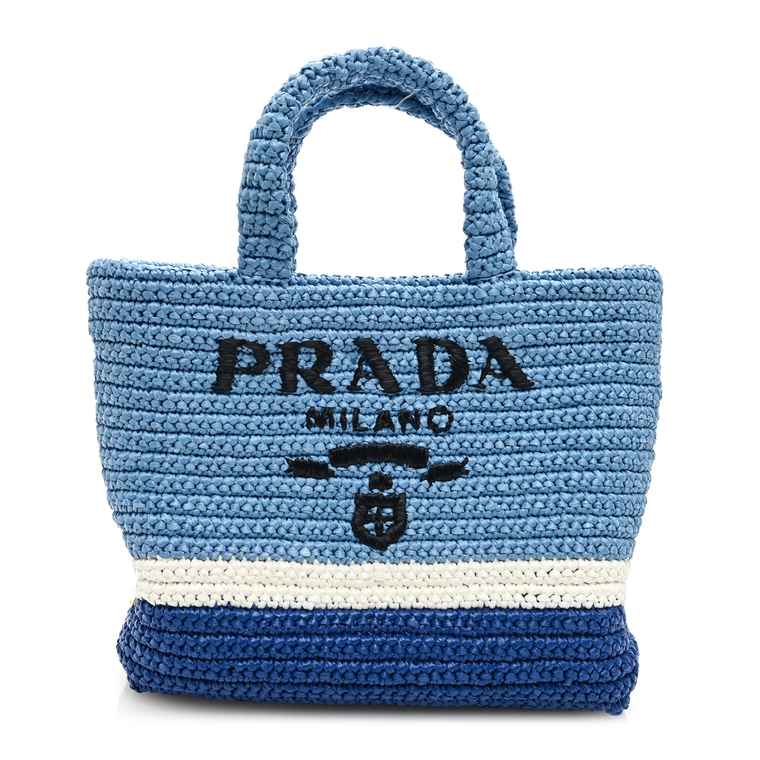 トートバッグ PRADA SKY BLUE/CARAMEL CROCHET TOTE BAG WITH LOGO Prada Crochet Tote Bag | Blue | FARFETCH