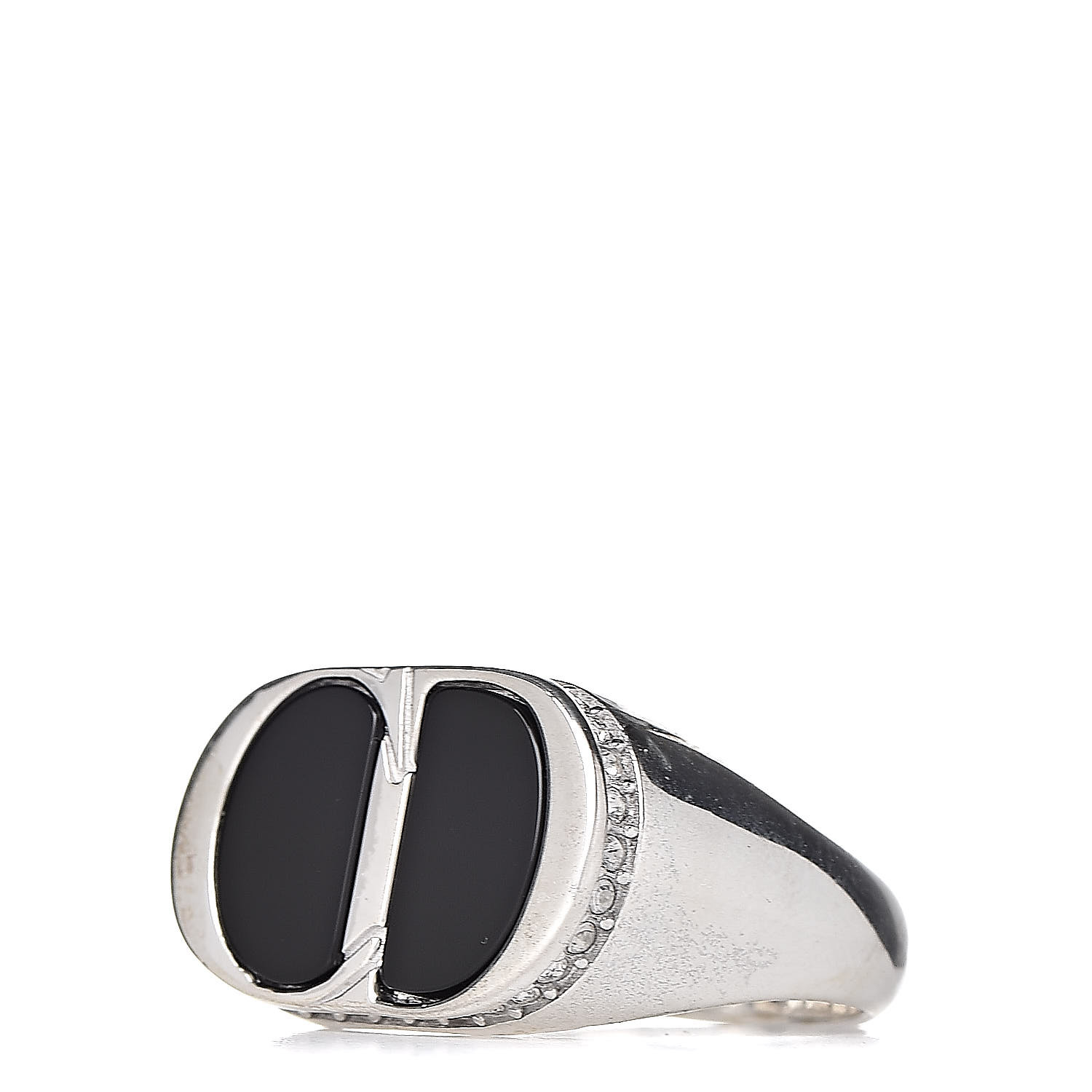 CHRISTIAN DIOR Sterling Silver Onyx Crystal CD Icon Ring 60