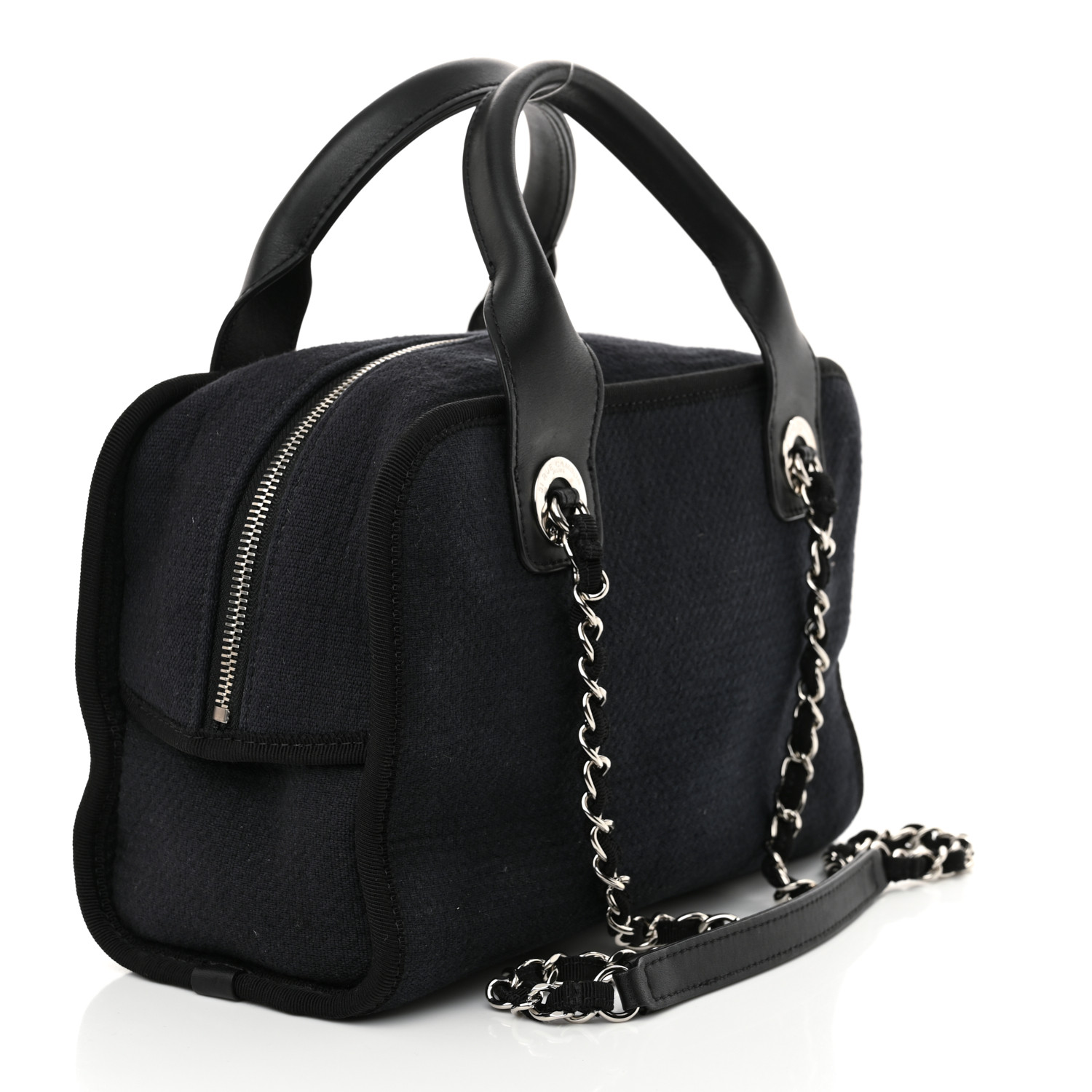 CHANEL Mixed Fibers Small Deauville Bowling Bag Navy Blue