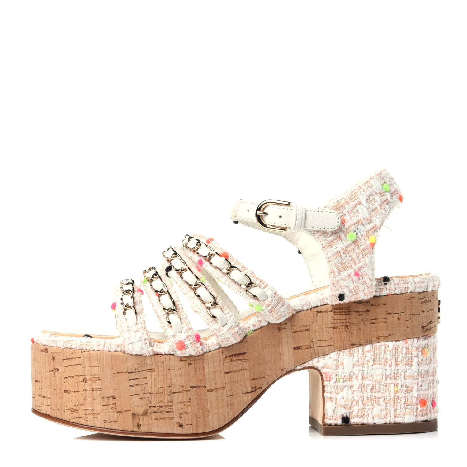 Chanel Tweed Chain Platform Sandals 35 Coral White 737974