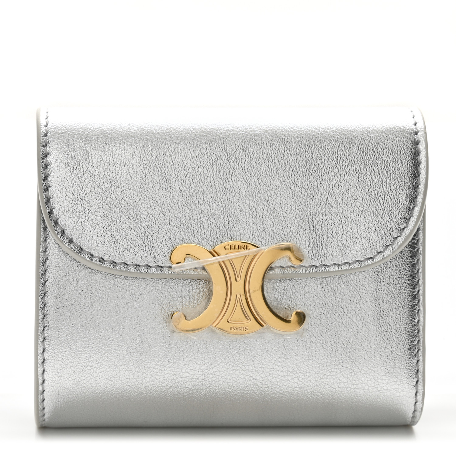 CELINE Metallic Calfskin Small Triomphe Wallet Silver