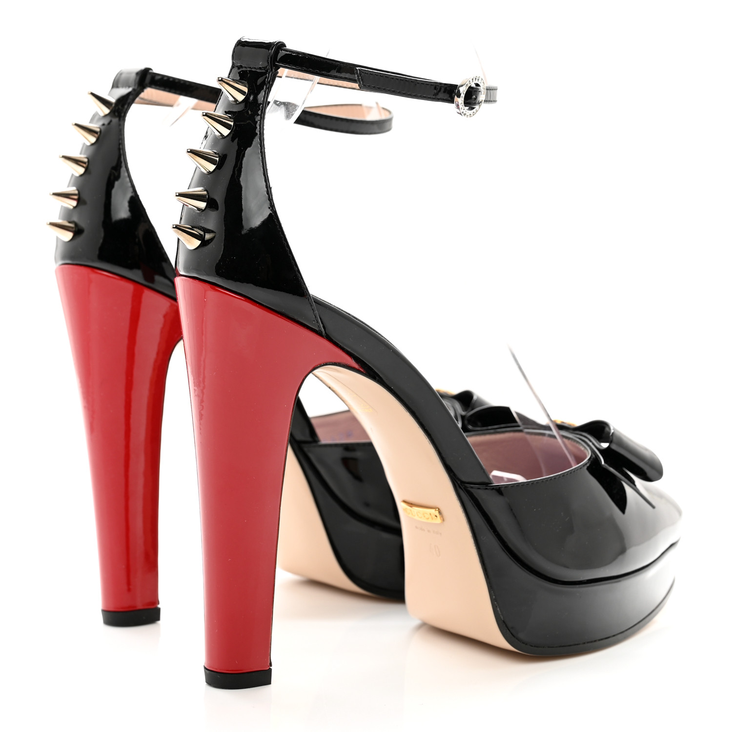 GUCCI Patent Crystal GG Bow Sadie Spike Ankle Strap d'Orsay