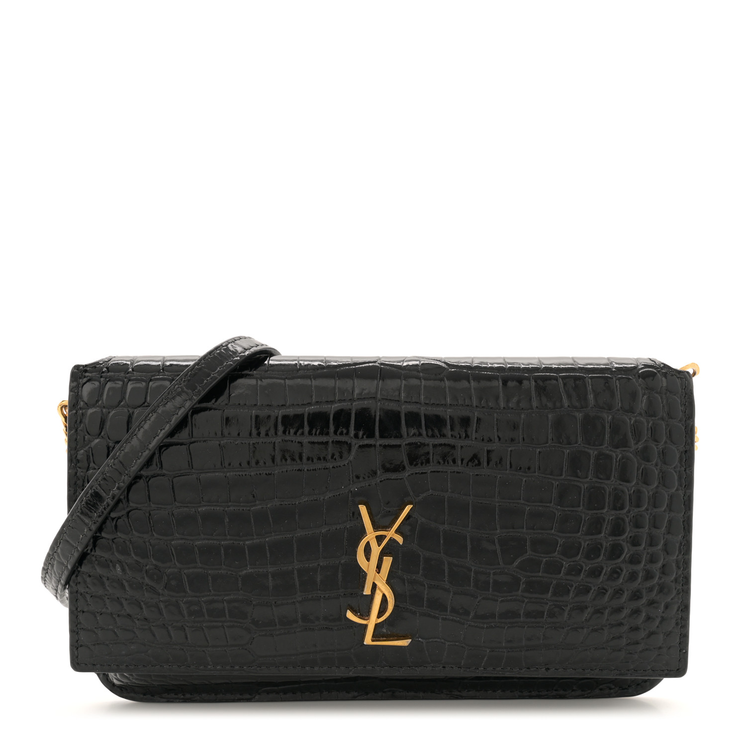 ★Saint Laurent★モノグラム 携帯電話ホルダー クロコダイル 黒 モノグラム ストラップ付き携帯電話ホルダー（シャイニー