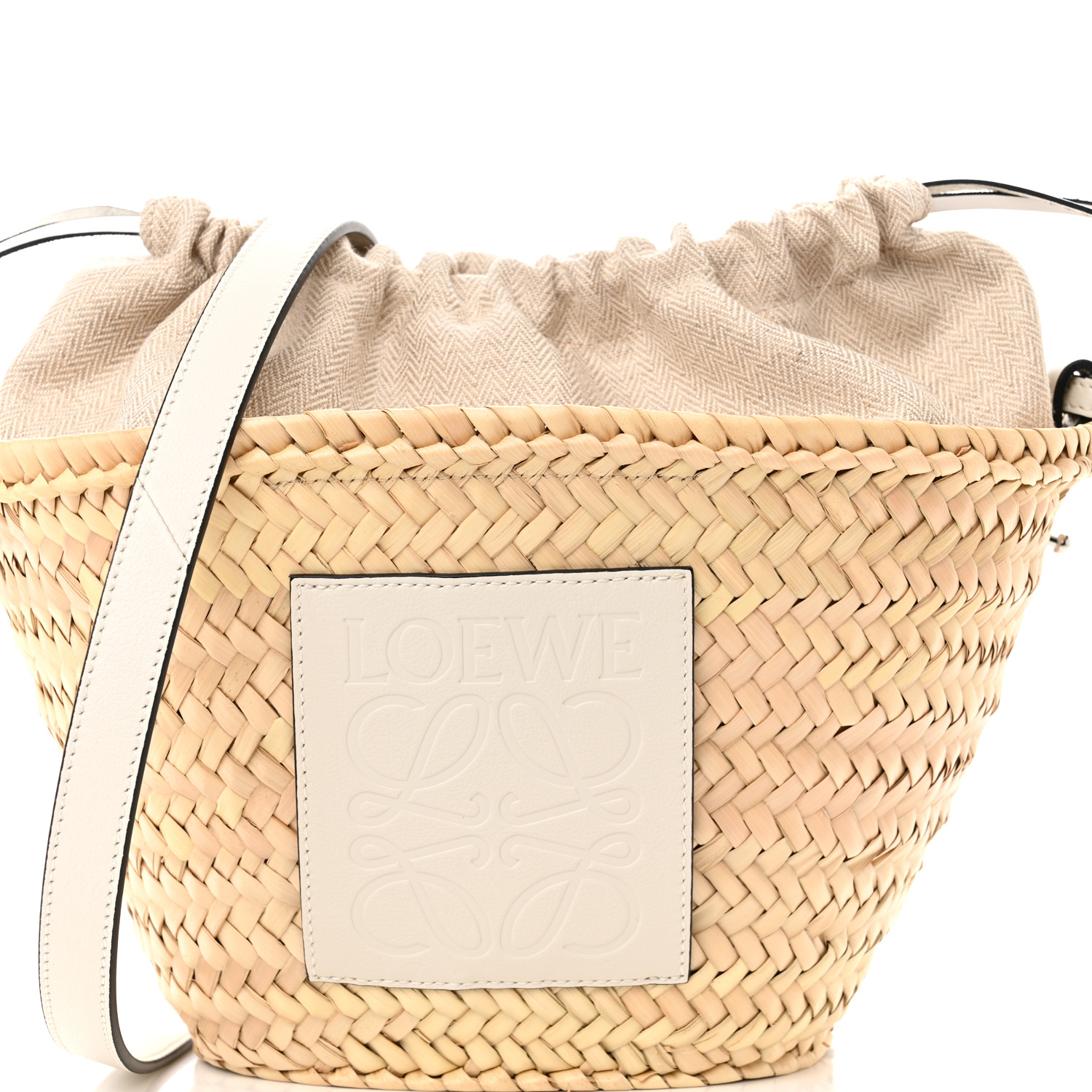 LOEWE Leaf Palm Calfskin Drawstring Bucket Bag Natural White