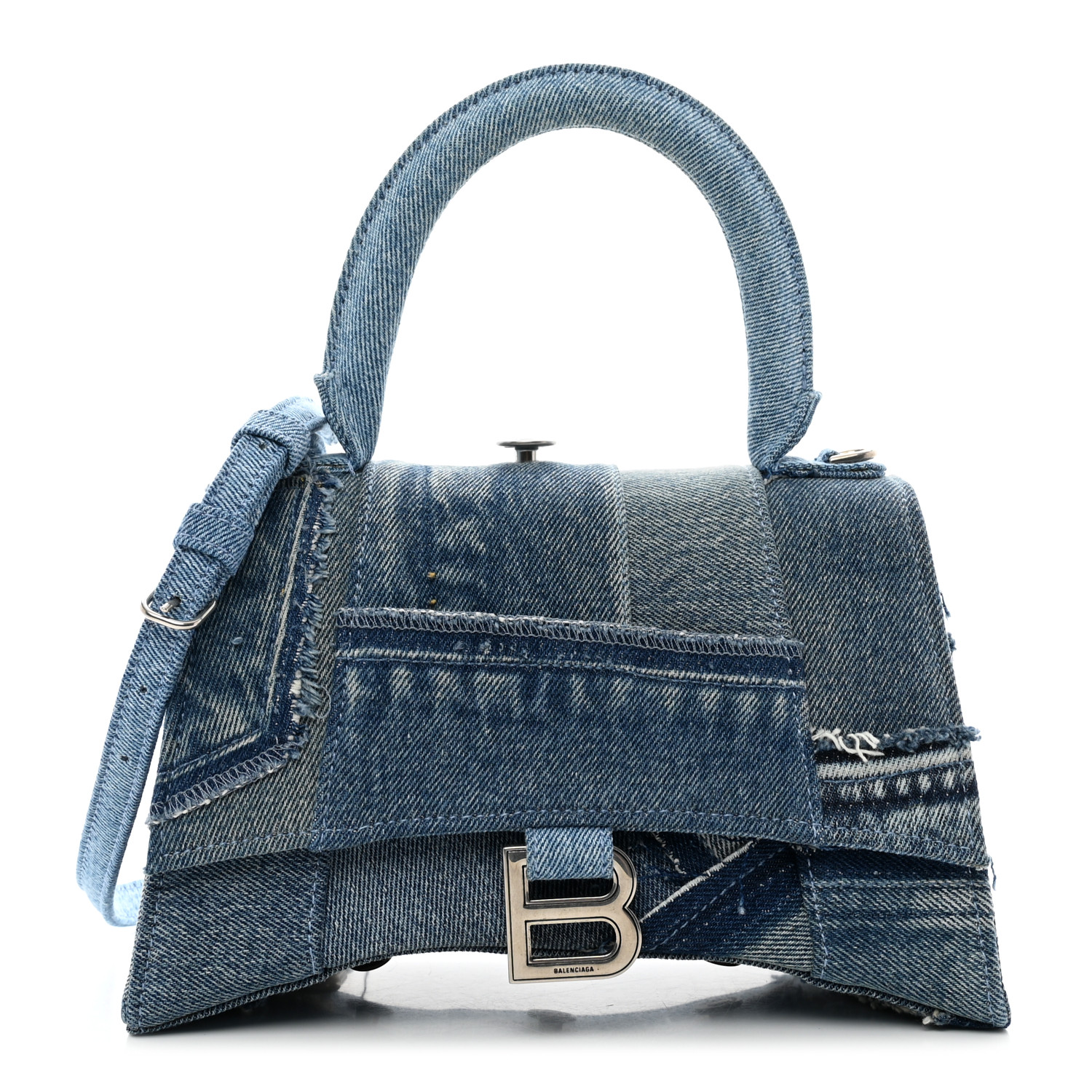 送料込 BALENCIAGA HOURGLASS デニム パッチワーク BALENCIAGA Denim Patchwork Small Hourglass Top Handle Bag